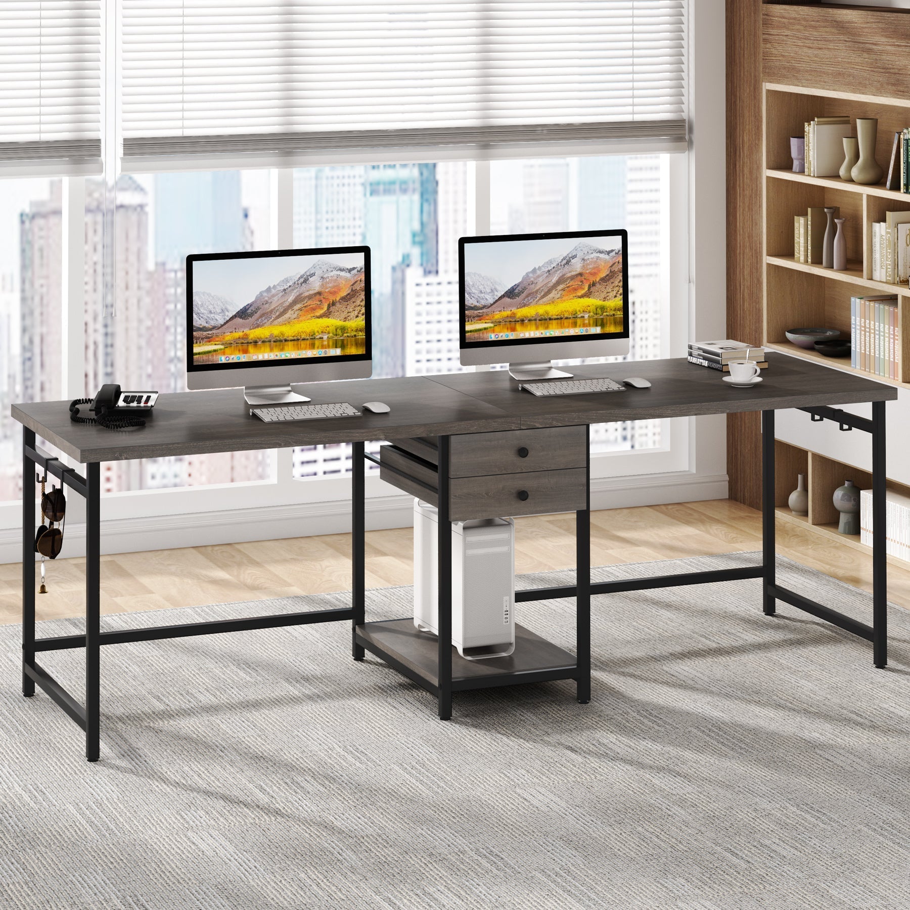 Industrial Two Person Desk, 198 cm Double Computer Desk with Drawers