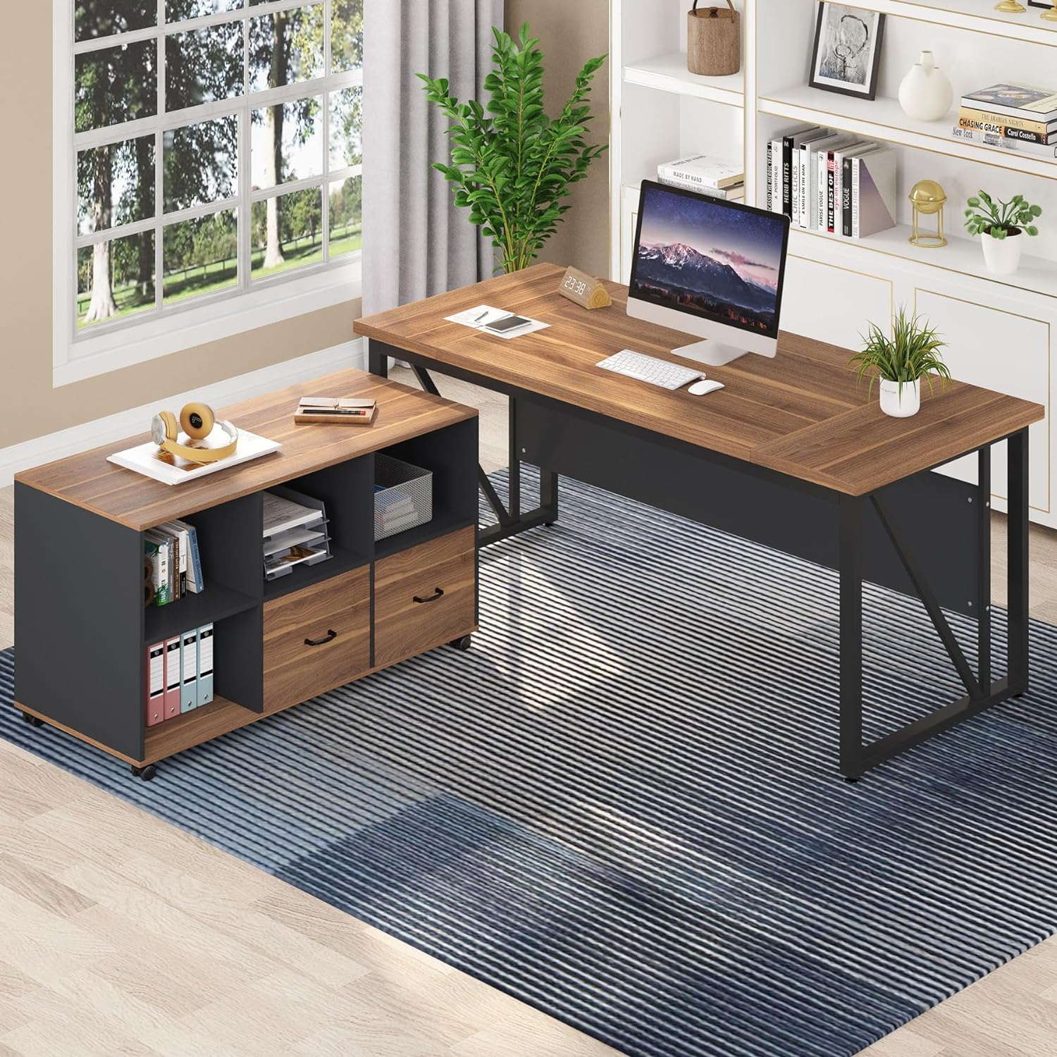 L-Shaped Computer Desk, 140 cm / 160 cm Executive Desk and Mobile File Cabinet