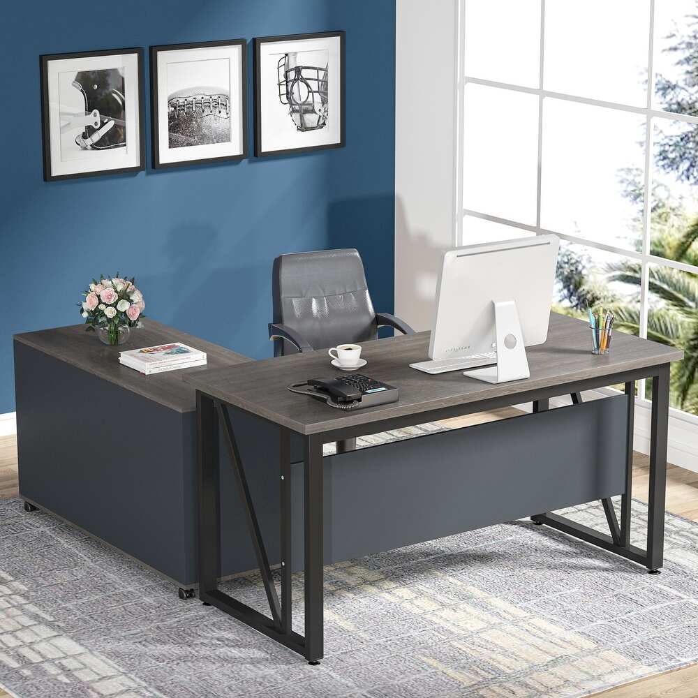 L-Shaped Computer Desk, 140 cm / 160 cm Executive Desk and Mobile File Cabinet