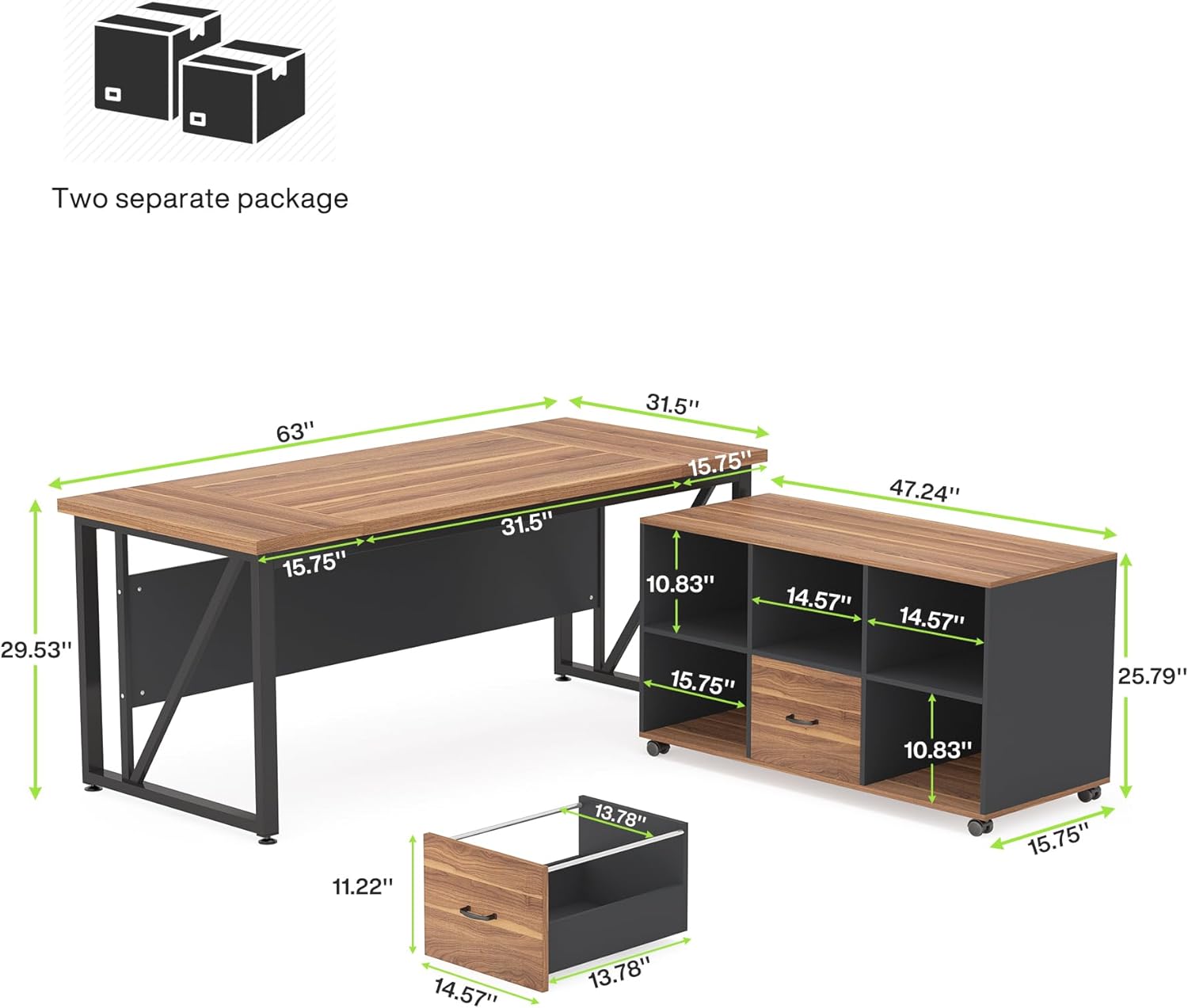 L-Shaped Computer Desk, 140 cm / 160 cm Executive Desk and Mobile File Cabinet