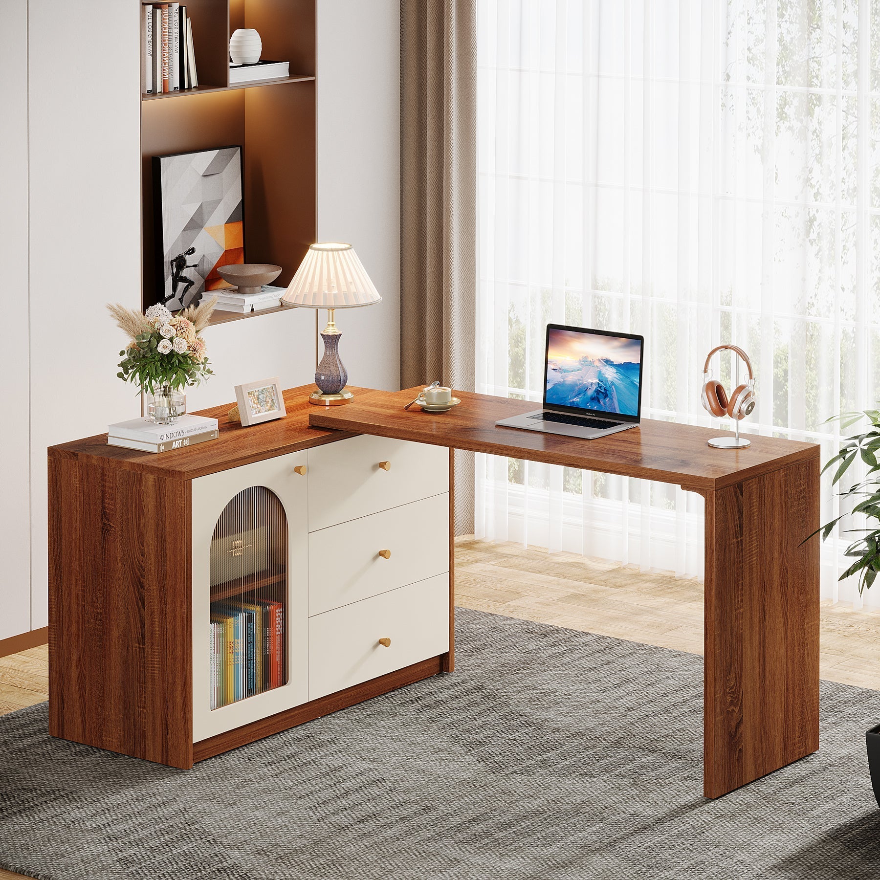 L-Shaped Computer Desk, Corner Office Desk with Reversible Storage Cabinet (in cm)