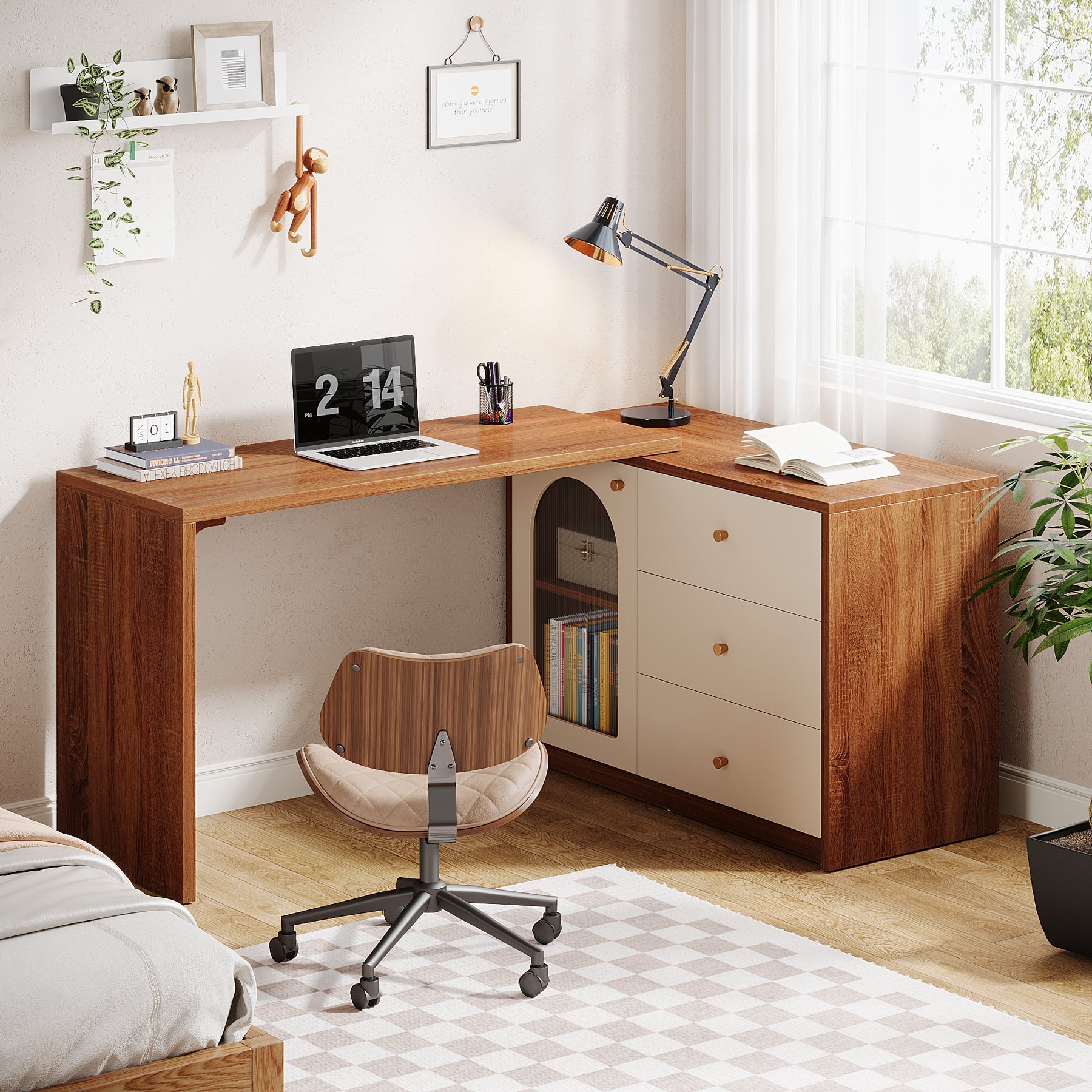 L-Shaped Computer Desk, Corner Office Desk with Reversible Storage Cabinet (in cm)