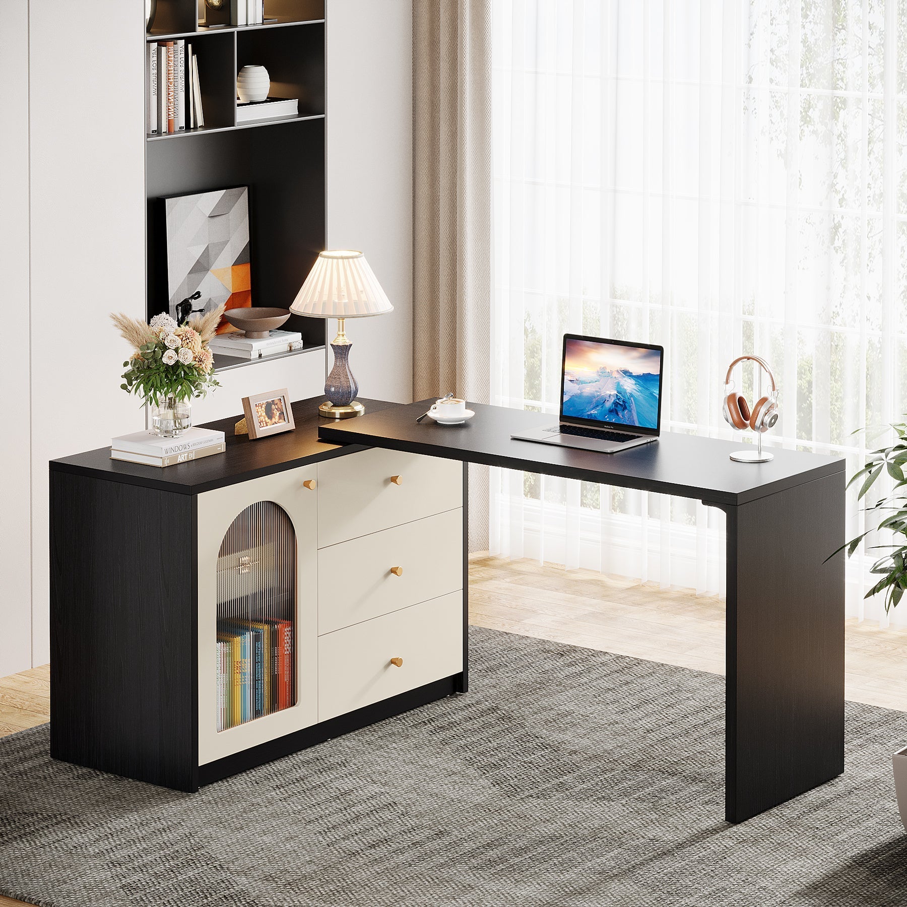 L-Shaped Computer Desk, Corner Office Desk with Reversible Storage Cabinet (in cm)