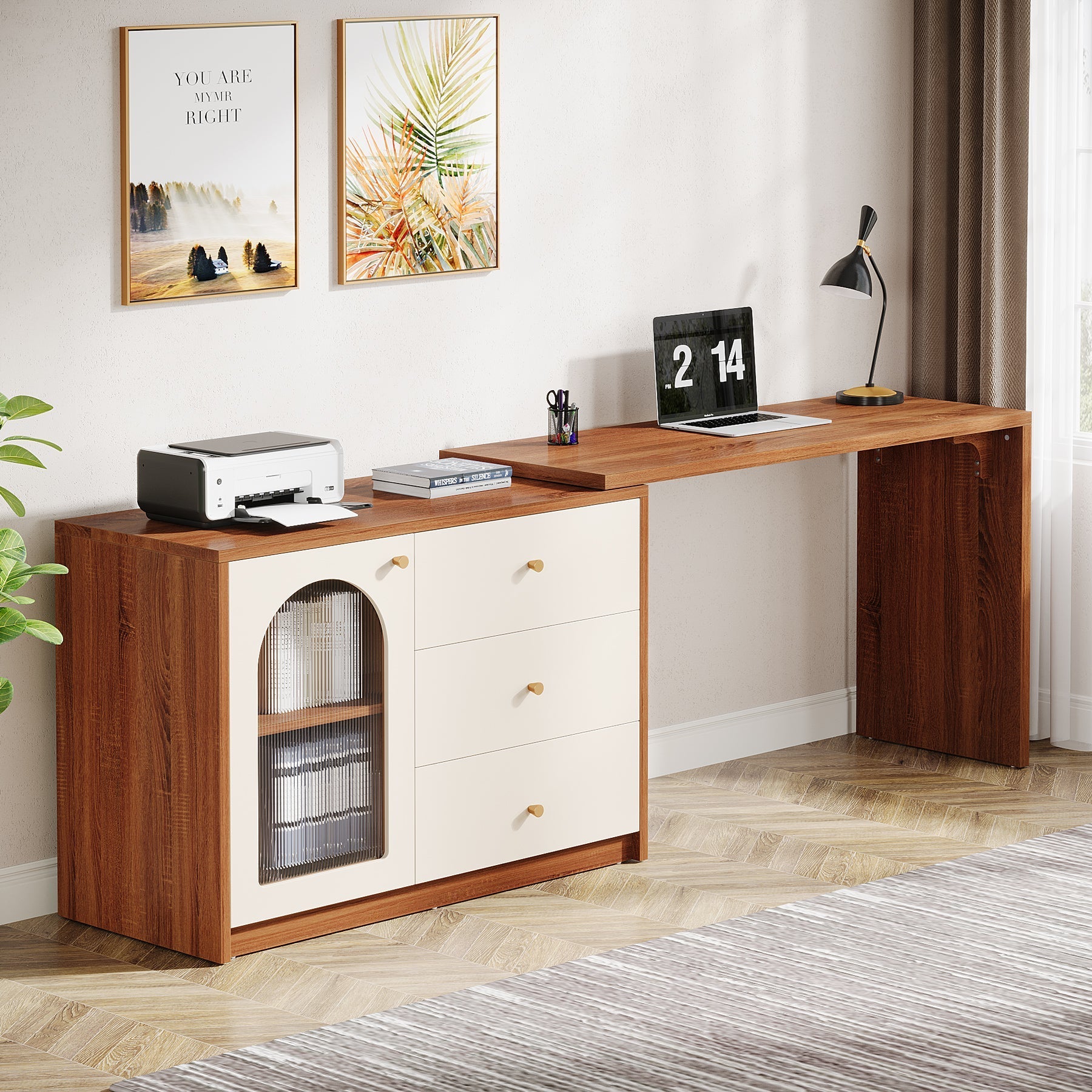 L-Shaped Computer Desk, Corner Office Desk with Reversible Storage Cabinet (in cm)