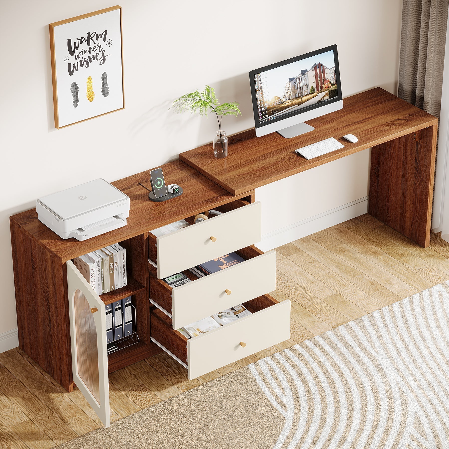 L-Shaped Computer Desk, Corner Office Desk with Reversible Storage Cabinet (in cm)