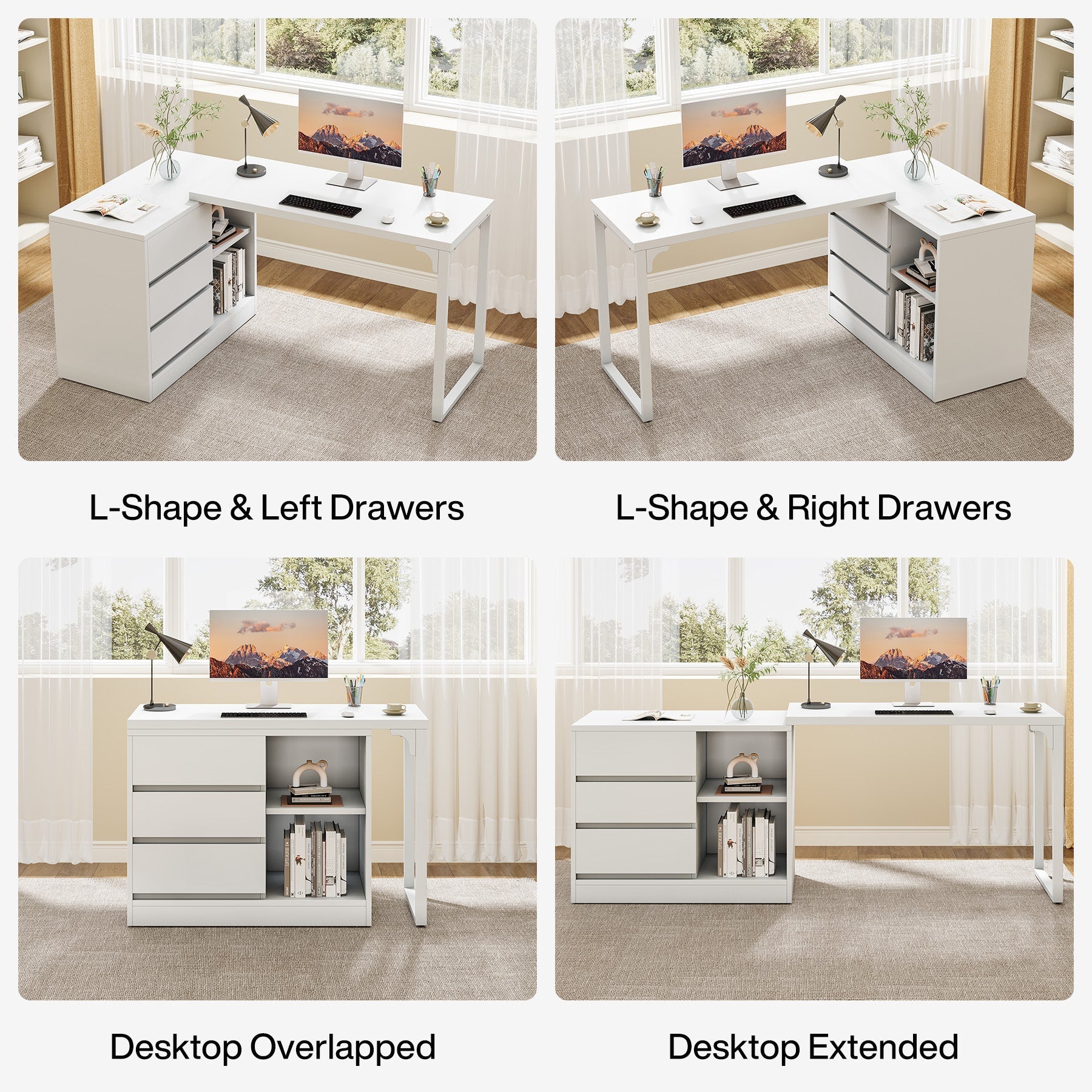 L-Shaped Computer Desk, Reversible Corner Desk with Drawer Cabinet (cm)