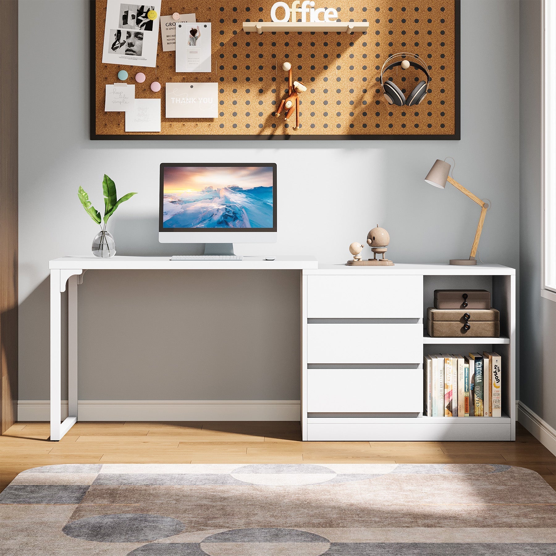 L-Shaped Computer Desk, Reversible Corner Desk with Drawer Cabinet (cm)