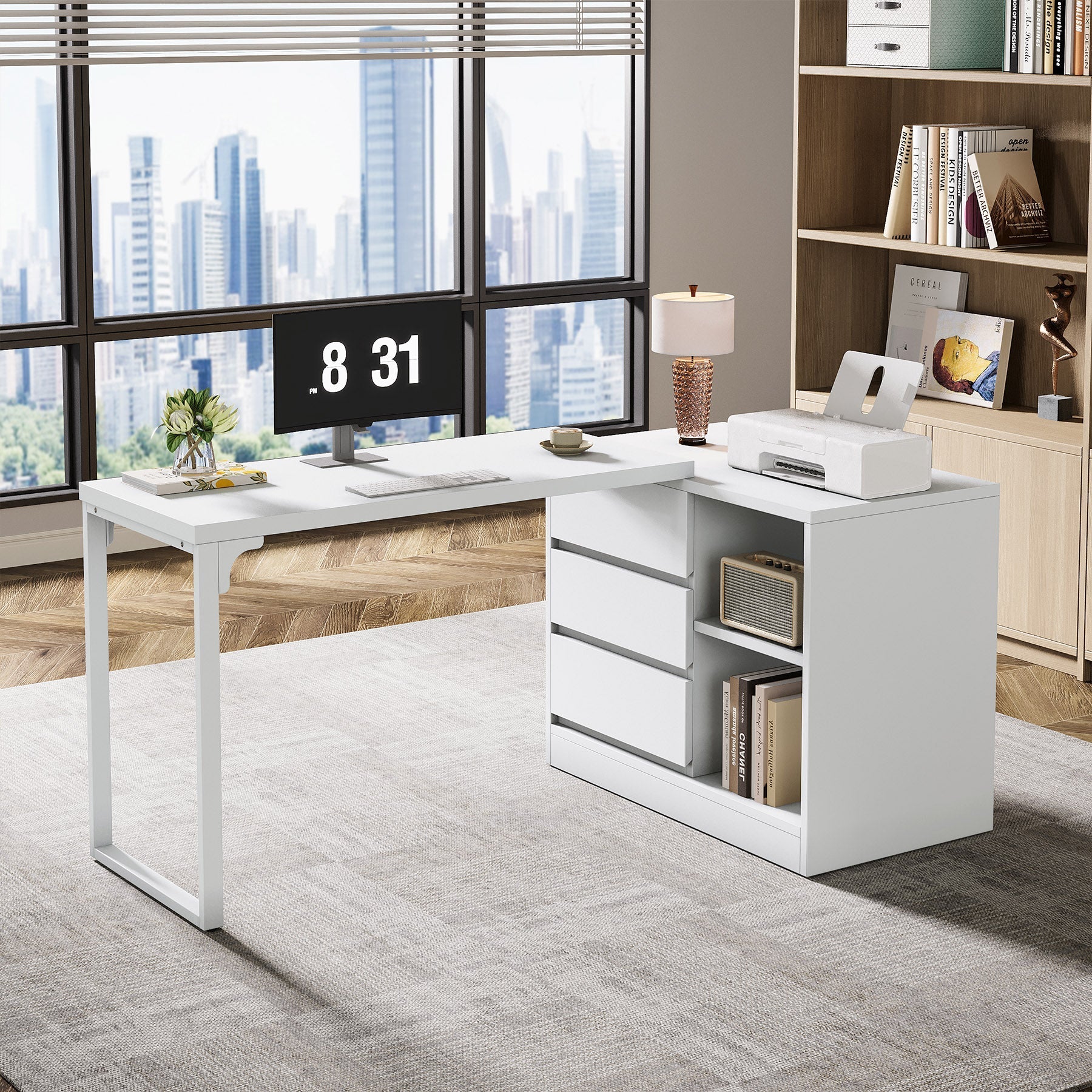 L-Shaped Computer Desk, Reversible Corner Desk with Drawer Cabinet (cm)