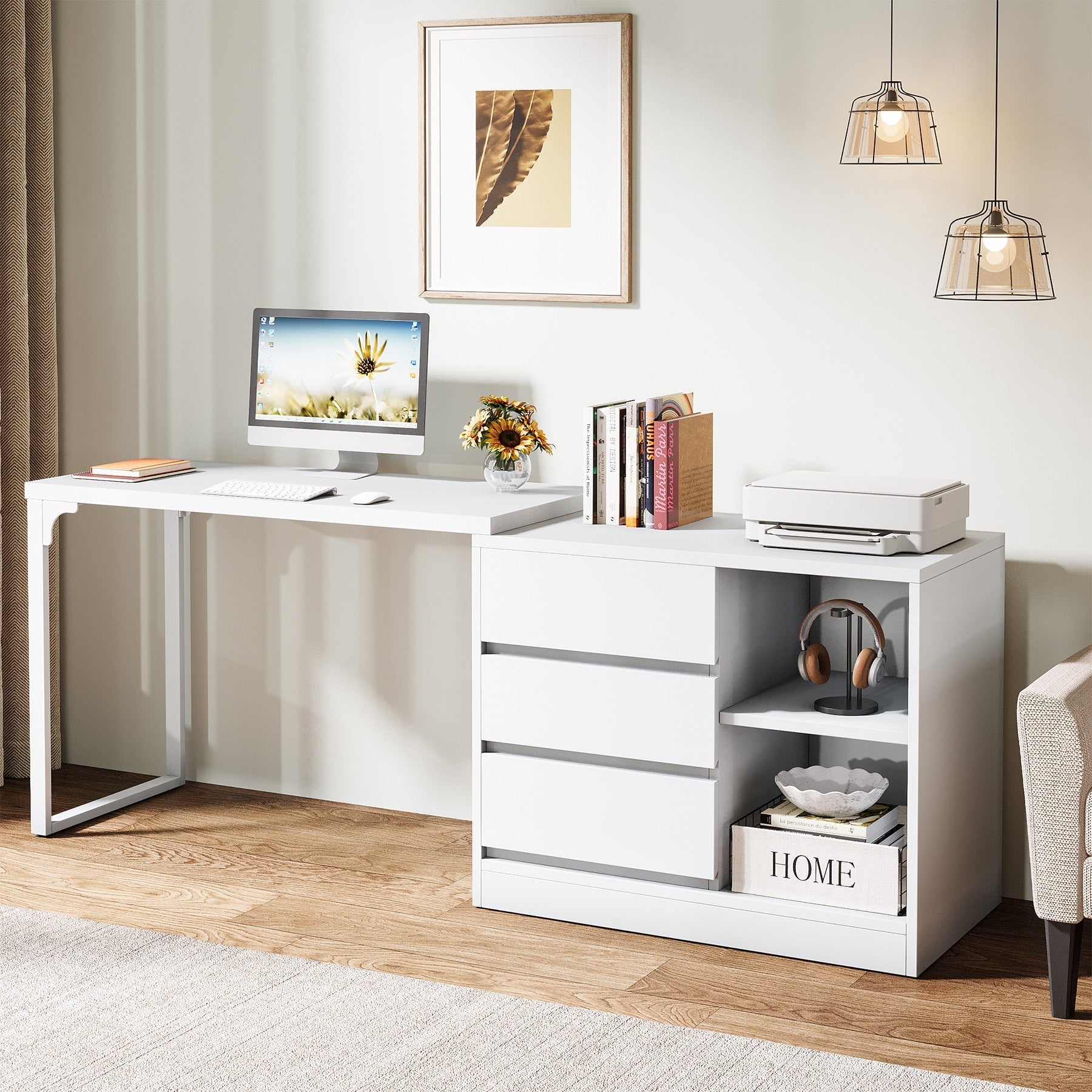 L-Shaped Computer Desk, Reversible Corner Desk with Drawer Cabinet (cm)