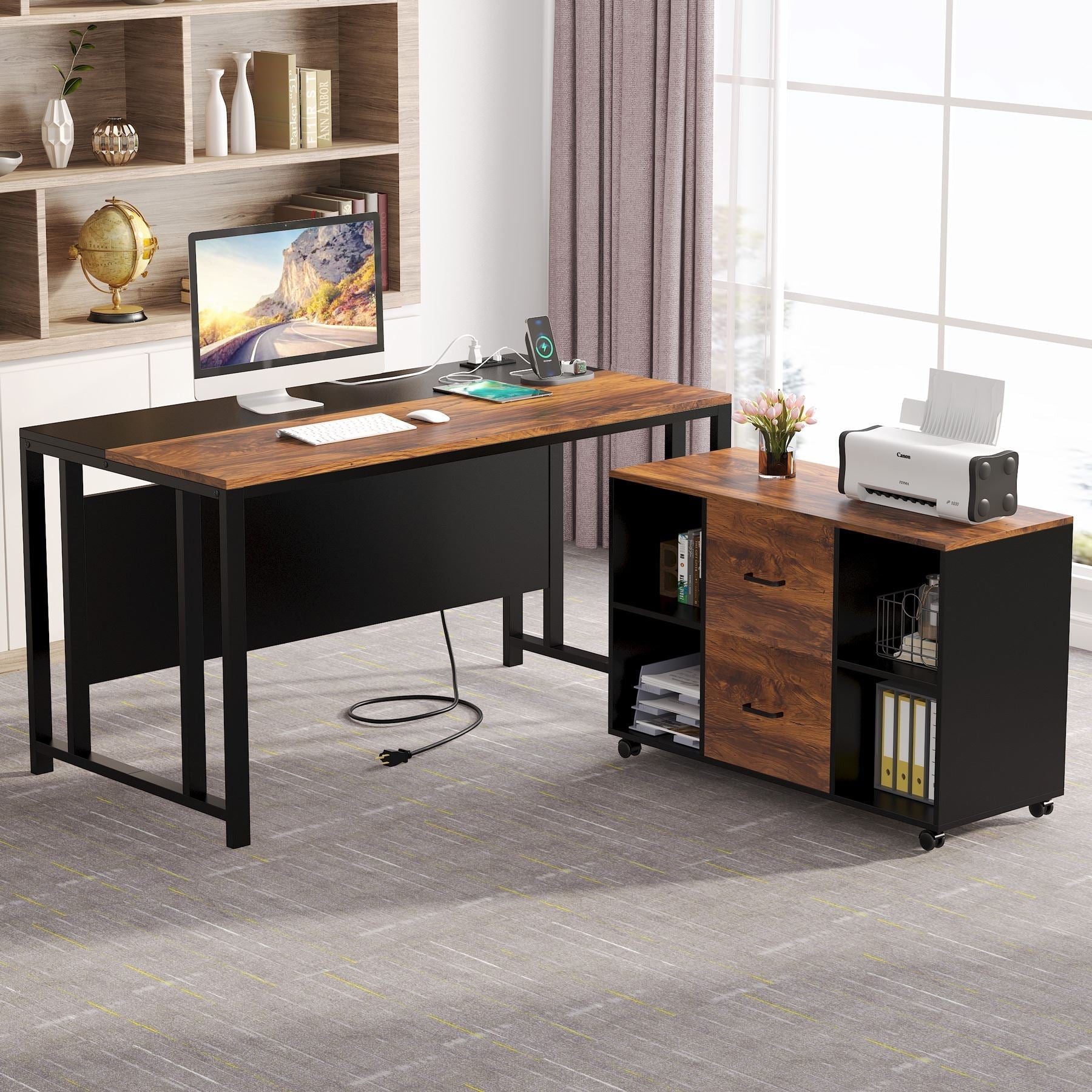 L-Shaped Desk with Power Outlet, 140 cm Executive Desk with 102 cm File Cabinet