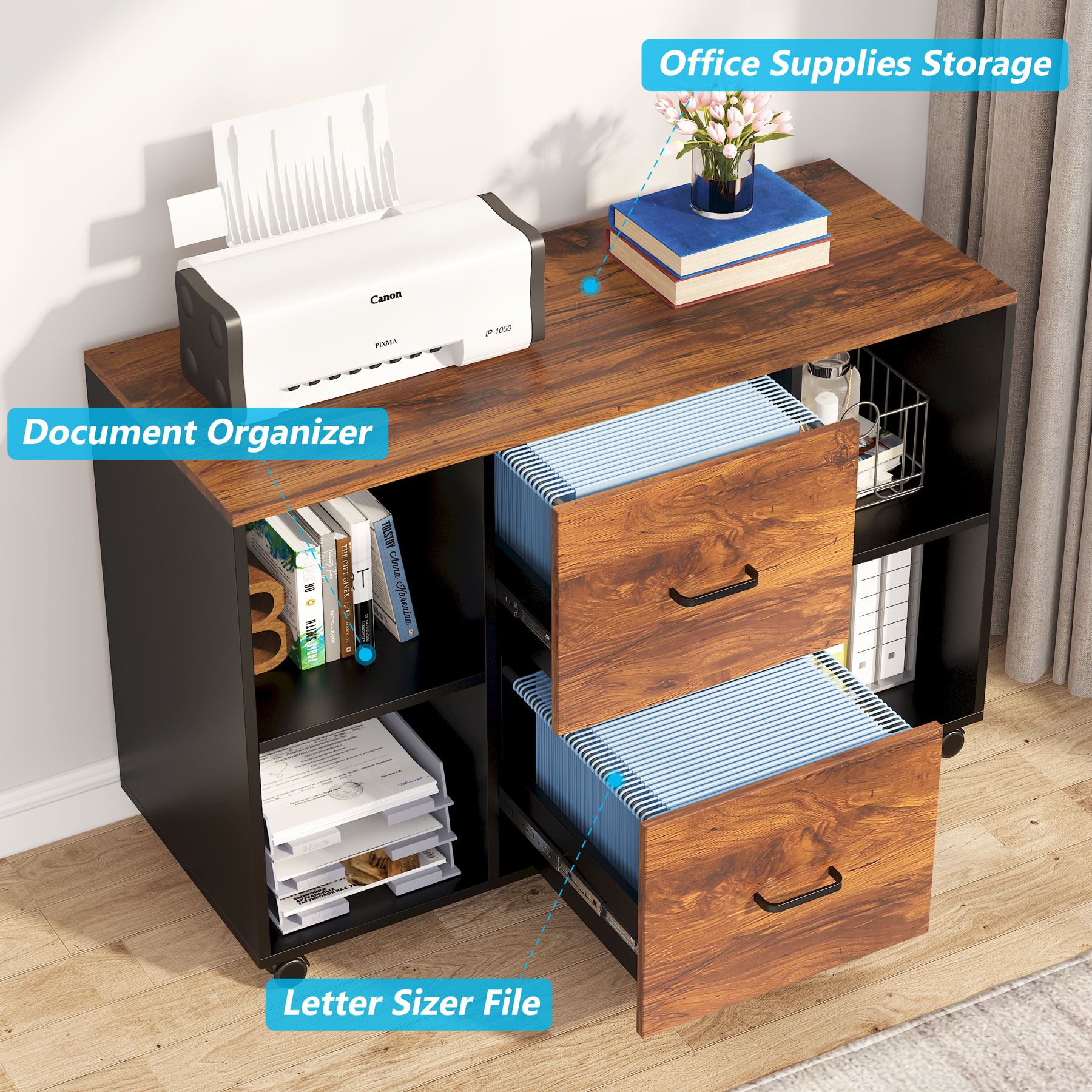 L-Shaped Desk with Power Outlet, 140 cm Executive Desk with 102 cm File Cabinet