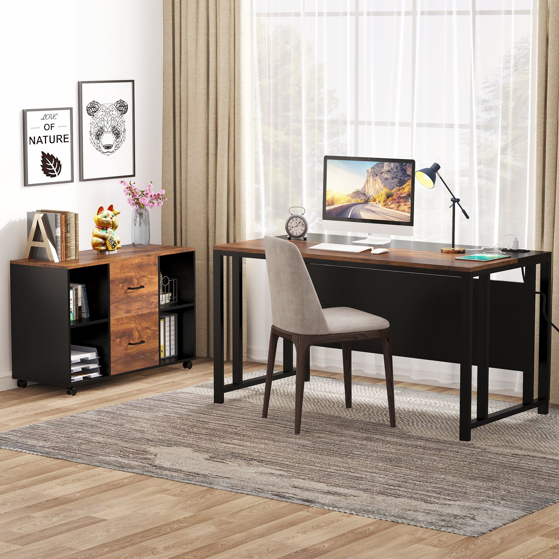 L-Shaped Desk with Power Outlet, 140 cm Executive Desk with 102 cm File Cabinet