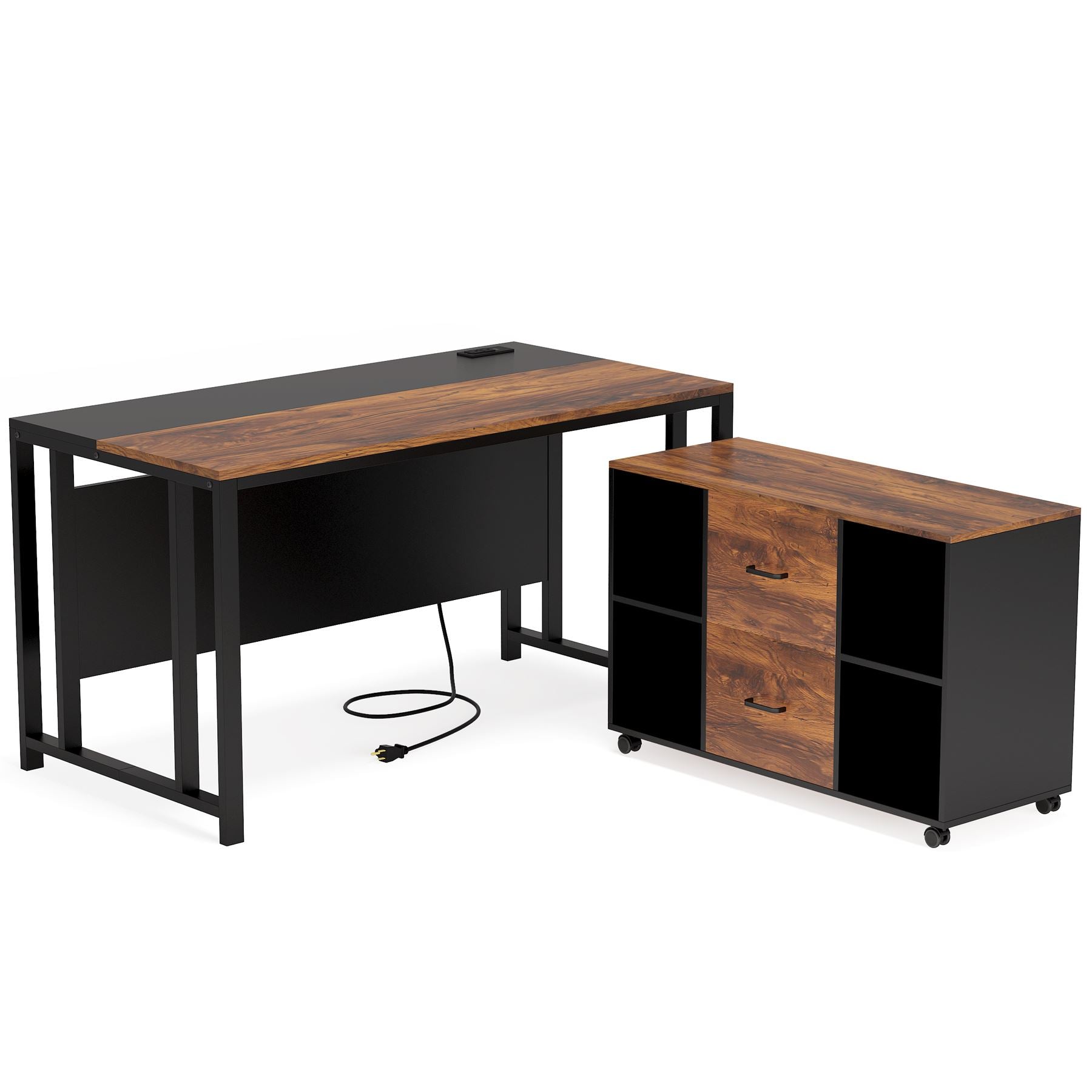 L-Shaped Desk with Power Outlet, 140 cm Executive Desk with 102 cm File Cabinet