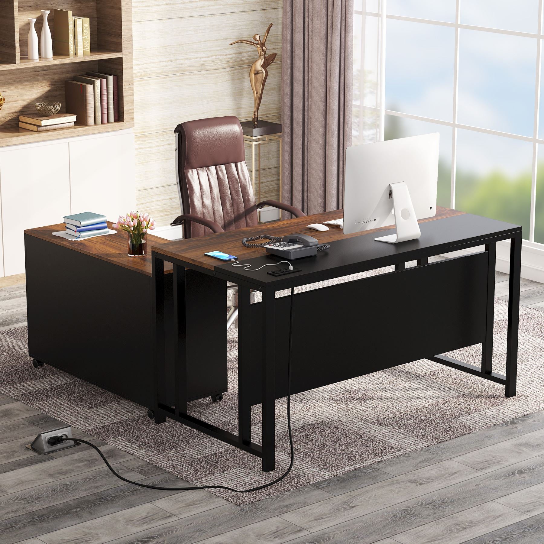 L-Shaped Desk with Power Outlet, 140 cm Executive Desk with 102 cm File Cabinet