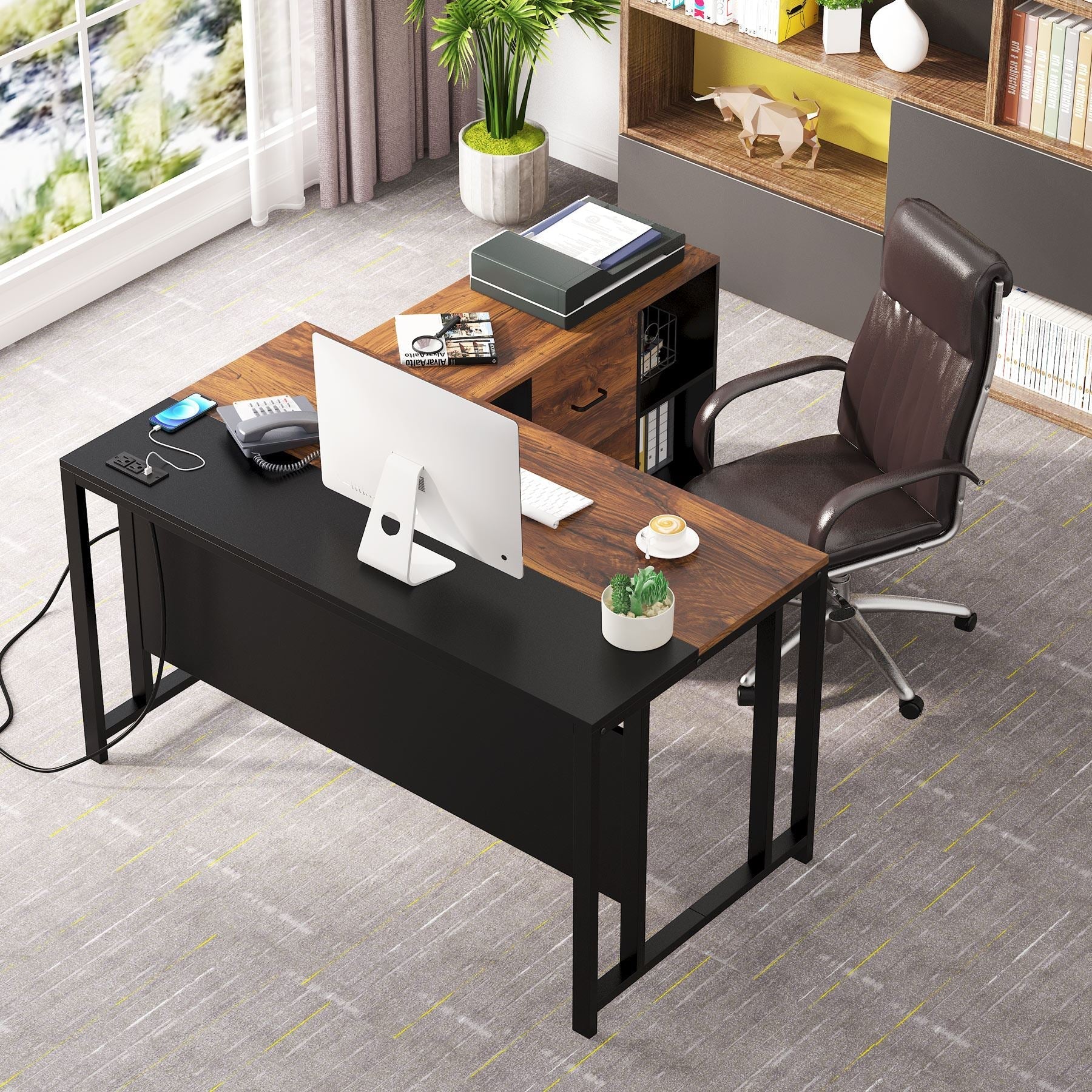 L-Shaped Desk with Power Outlet, 140 cm Executive Desk with 102 cm File Cabinet