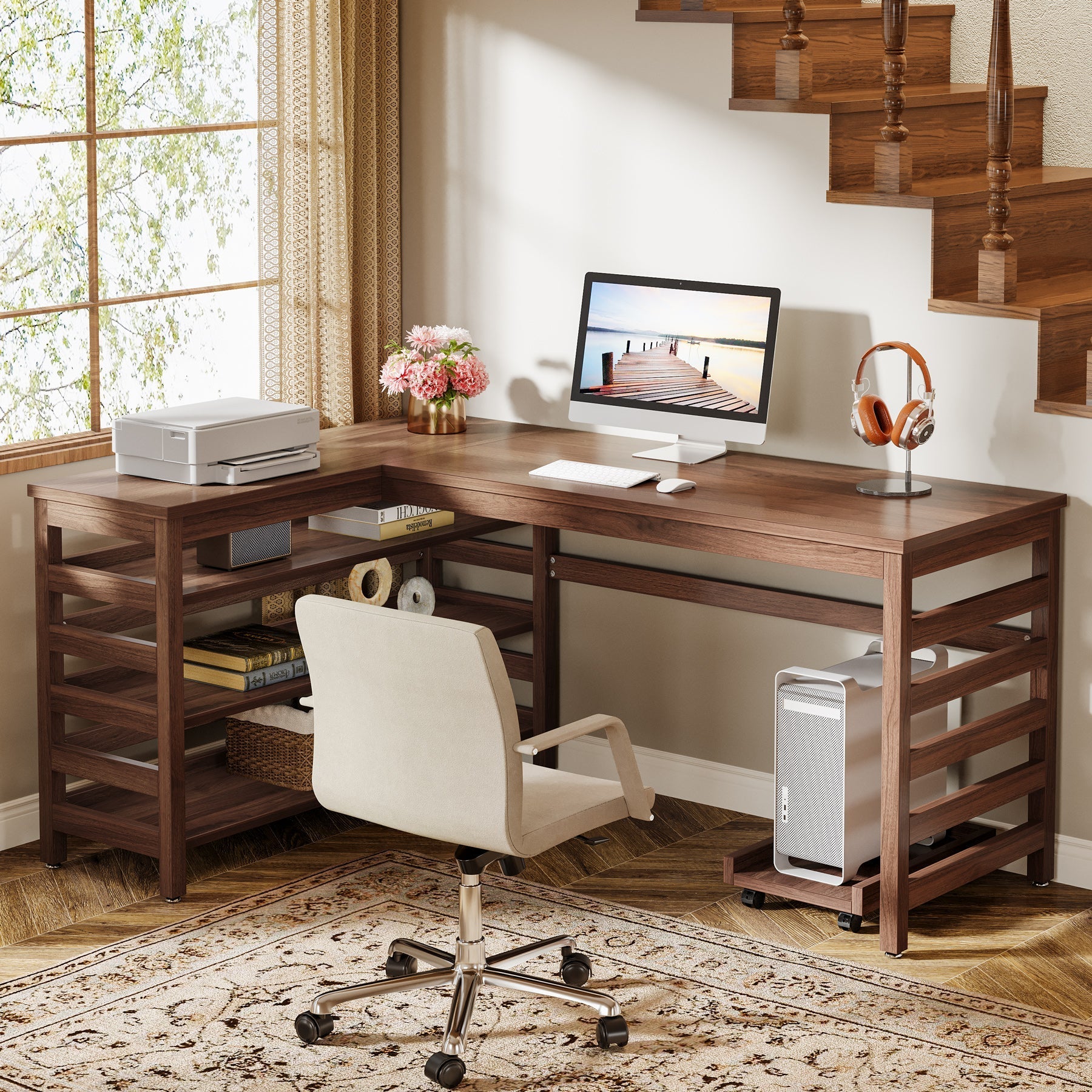 L-Shaped Executive Desk, 135 cm Corner Office Desk with 4-Tier Storage Shelf