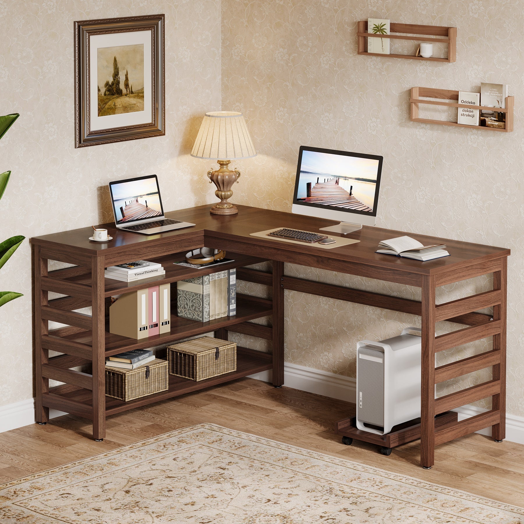 L-Shaped Executive Desk, 135 cm Corner Office Desk with 4-Tier Storage Shelf