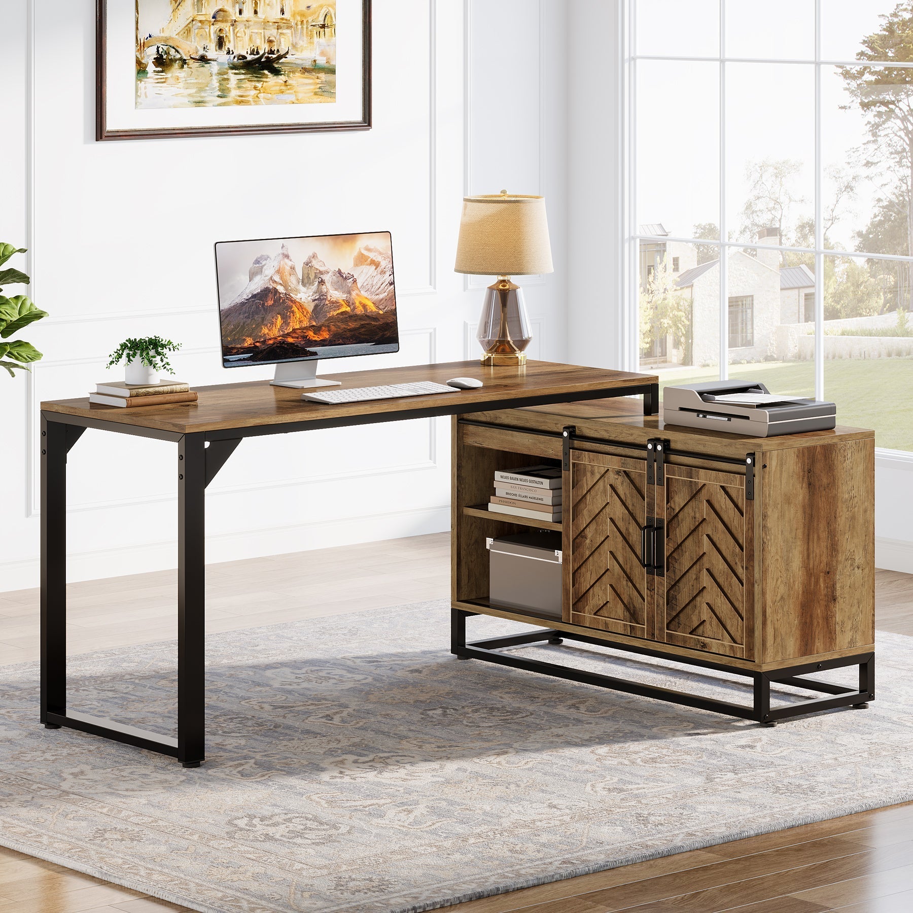 L-Shaped Executive Desk, 135 cm Farmhouse Computer Desk Corner Desk with Cabinet