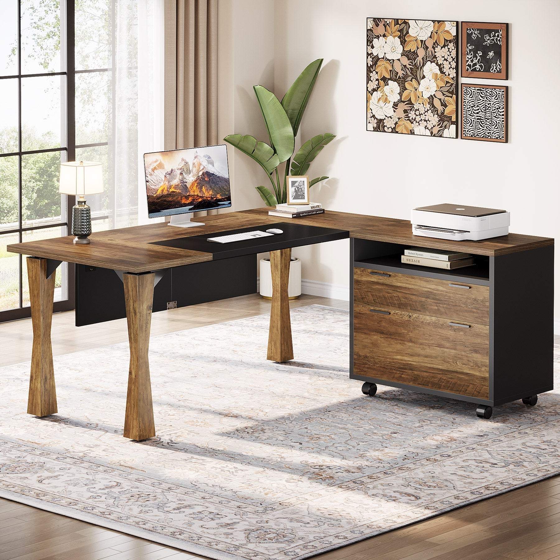 L-Shaped Executive Desk, 160 cm Computer Desk With File Cabinet