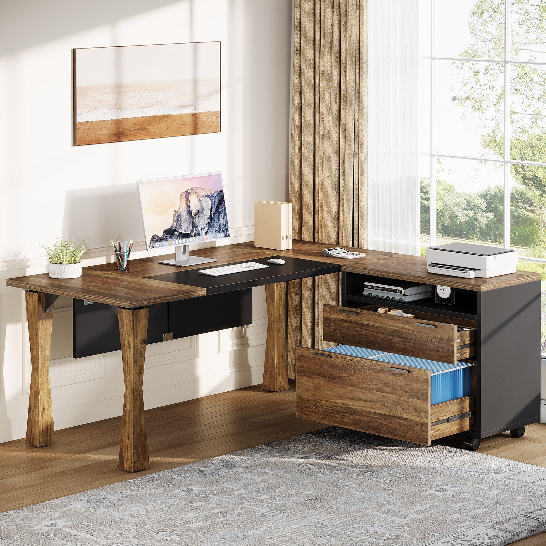 L-Shaped Executive Desk, 160 cm Computer Desk With File Cabinet