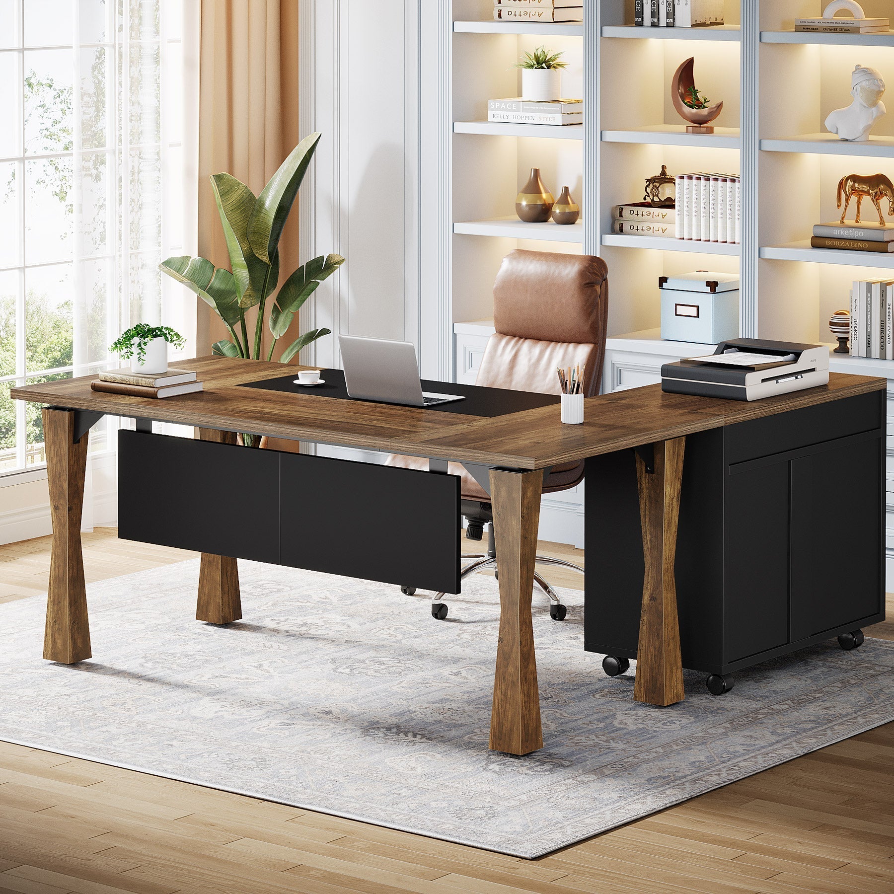 L-Shaped Executive Desk, 160 cm Computer Desk With File Cabinet