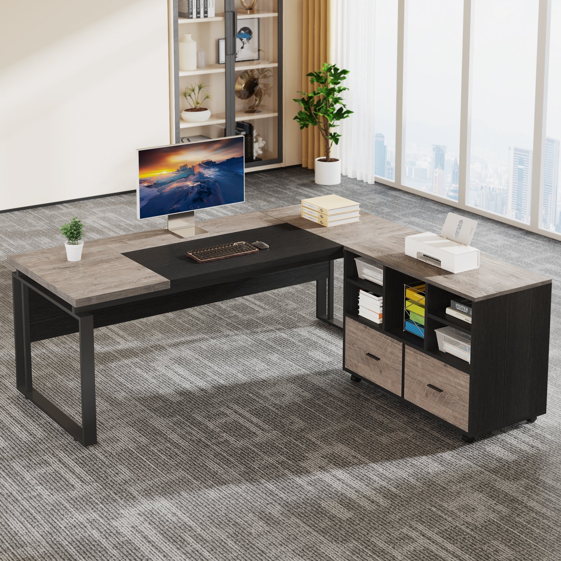 L-Shaped Executive Desk, 160 cm Computer Desk with Mobile File Cabinet