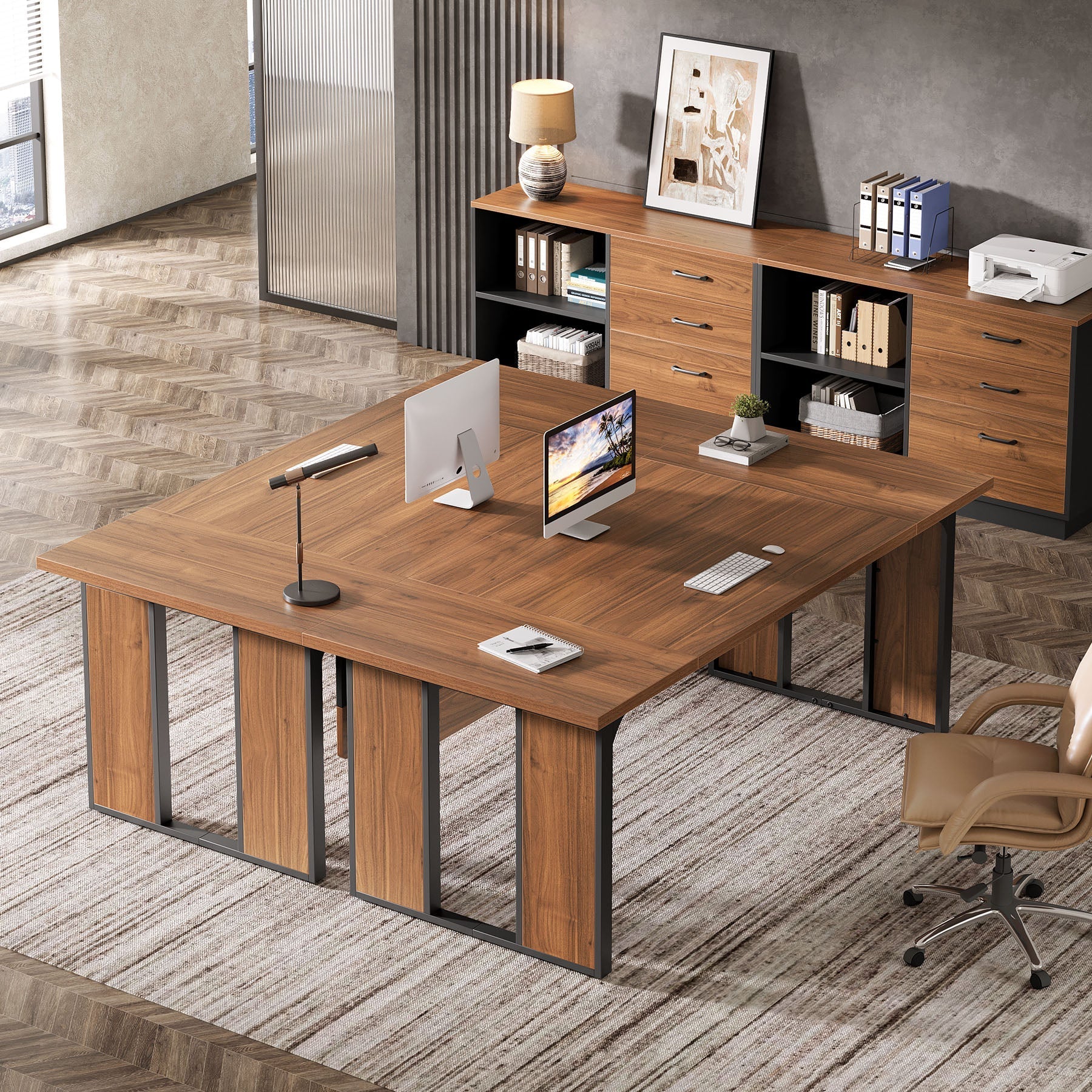 L-Shaped Executive Desk, 160 cm Computer Desk Workstation with File Cabinet