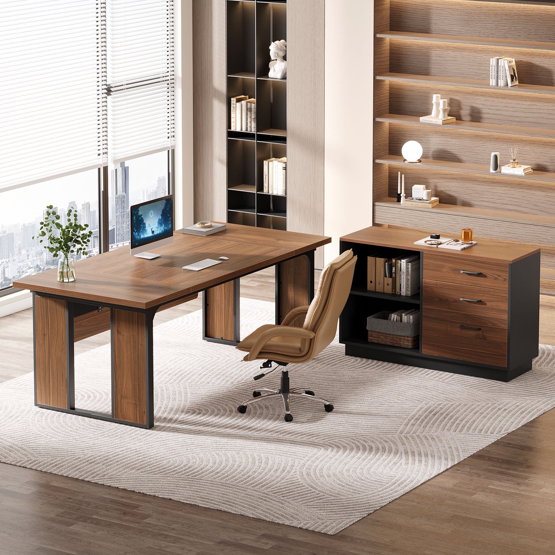 L-Shaped Executive Desk, 160 cm Computer Desk Workstation with File Cabinet