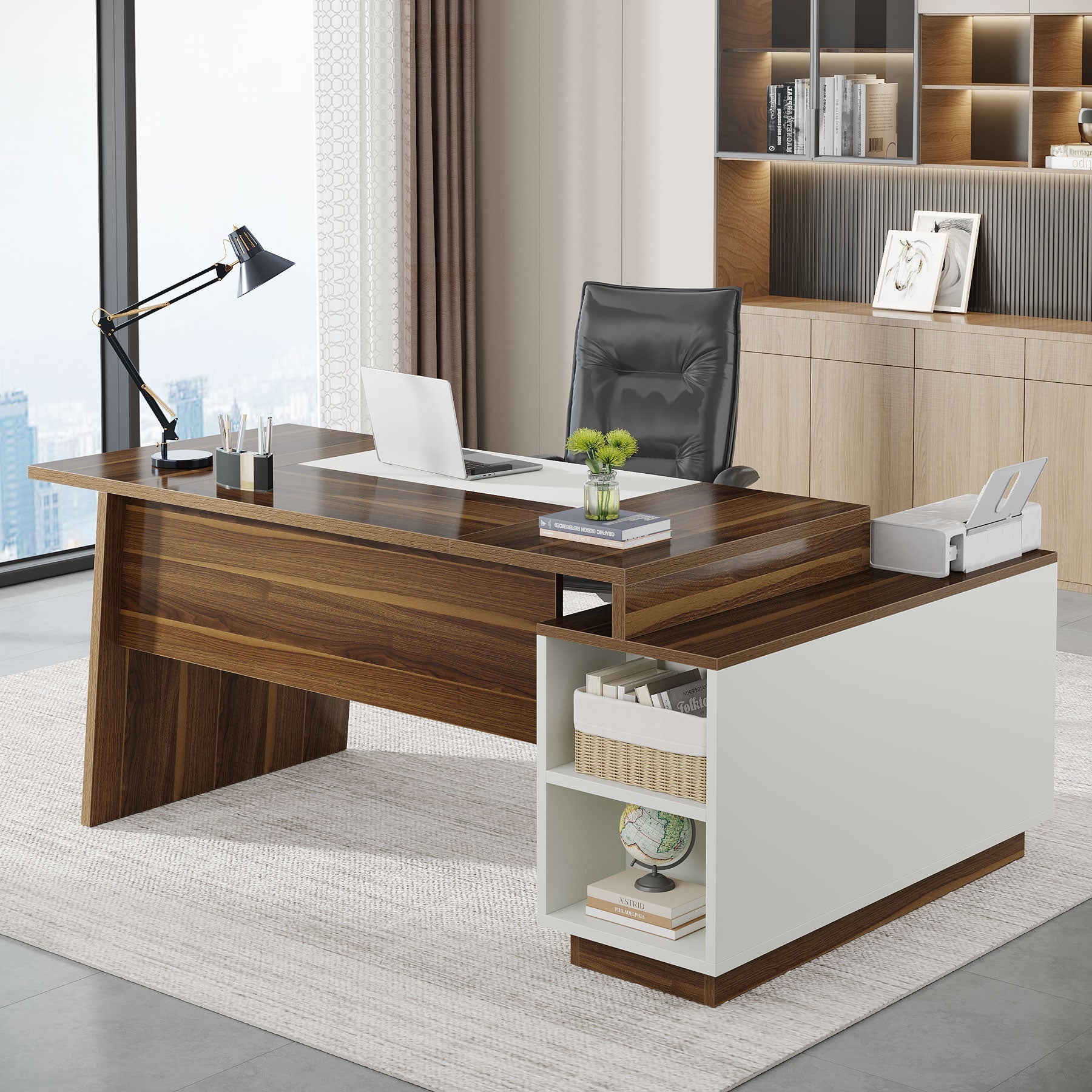 L-Shaped Executive Desk, 179 cm Computer Desk with Cabinet