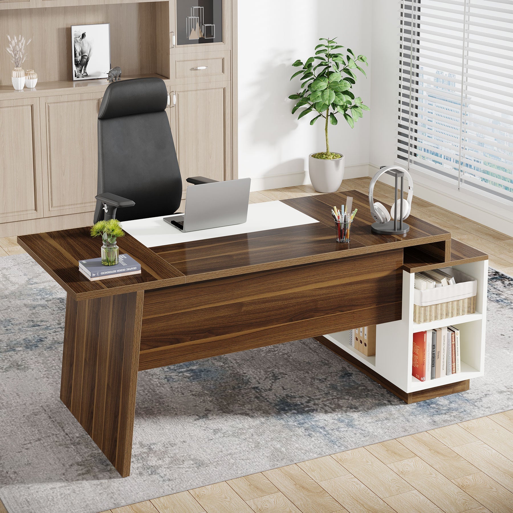 L-Shaped Executive Desk, 179 cm Computer Desk with Cabinet