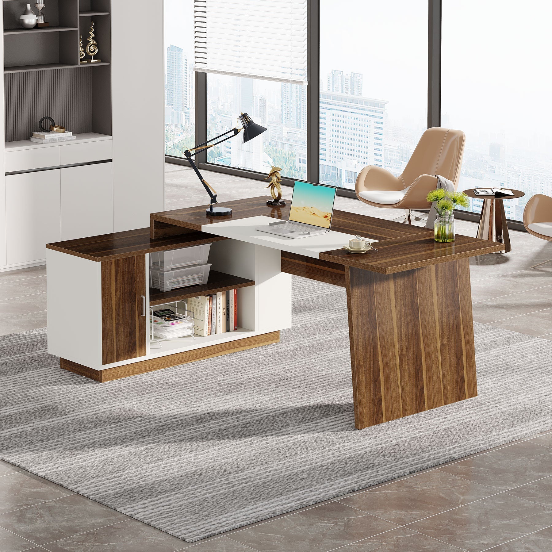 L-Shaped Executive Desk, 179 cm Computer Desk with Cabinet