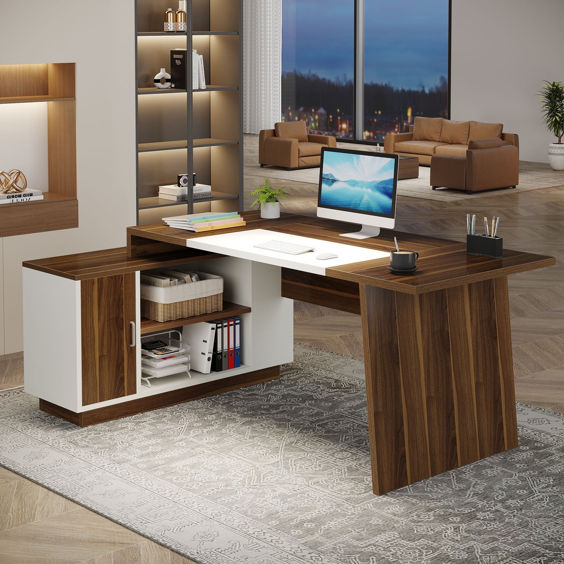 L-Shaped Executive Desk, 179 cm Computer Desk with Cabinet