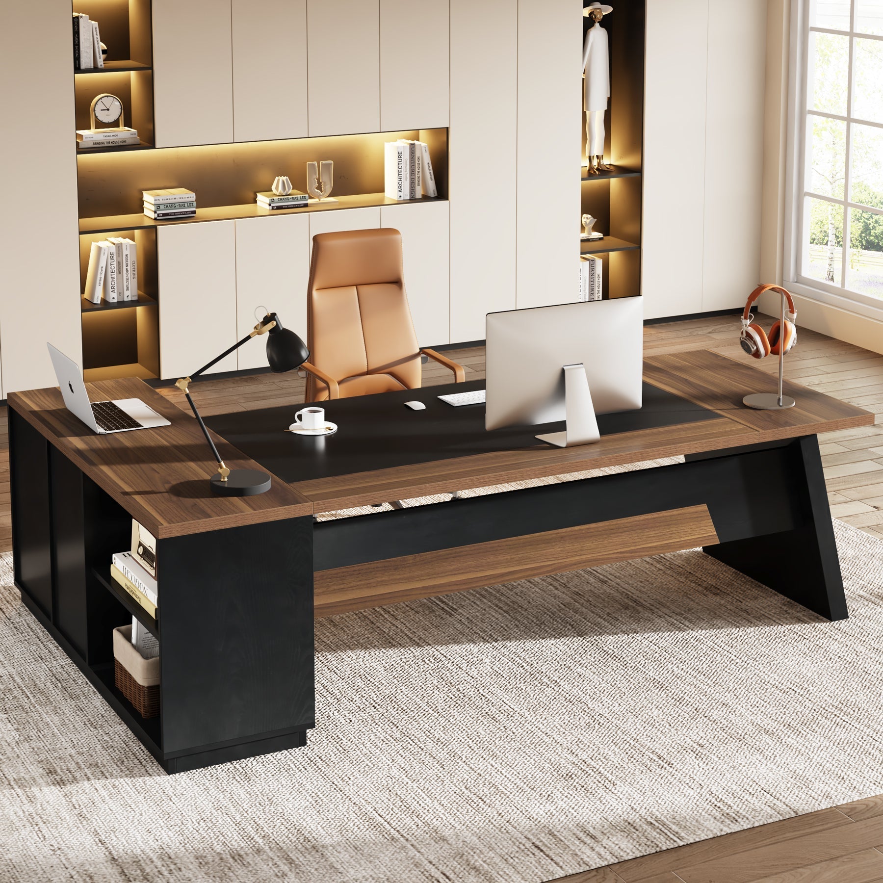 L-Shaped Executive Desk, 198 cm Office Desk with Drawers and Lateral File Cabinet