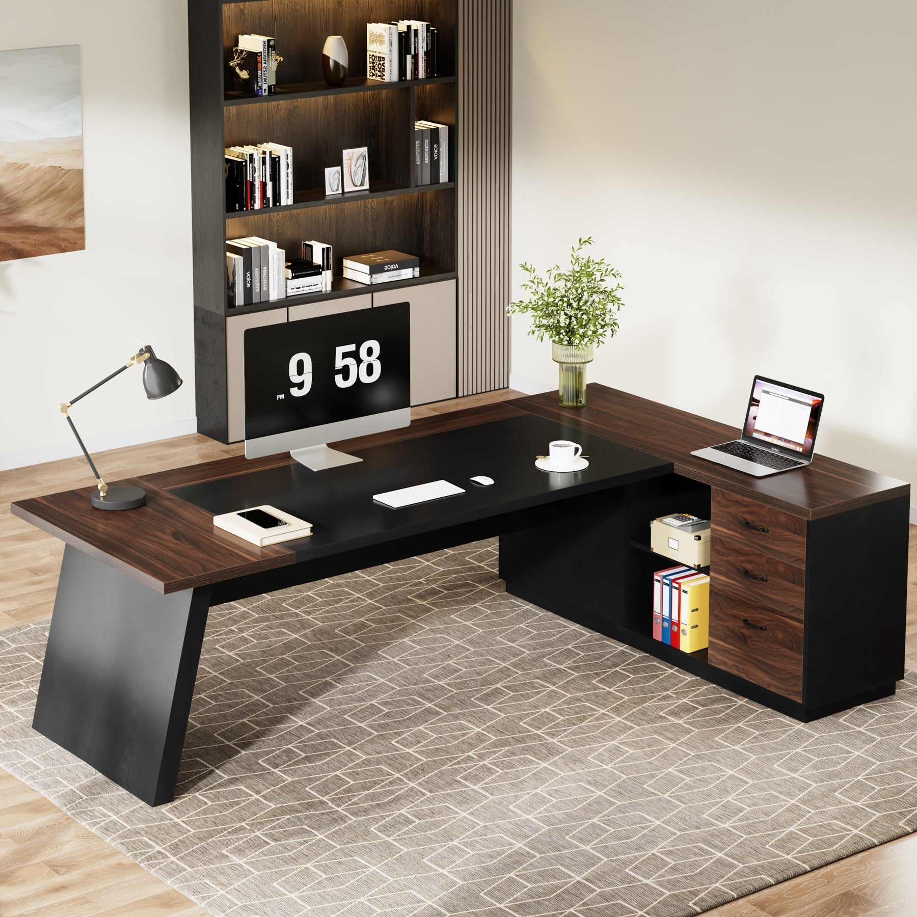 L-Shaped Executive Desk, 198 cm Office Desk with Drawers and Lateral File Cabinet