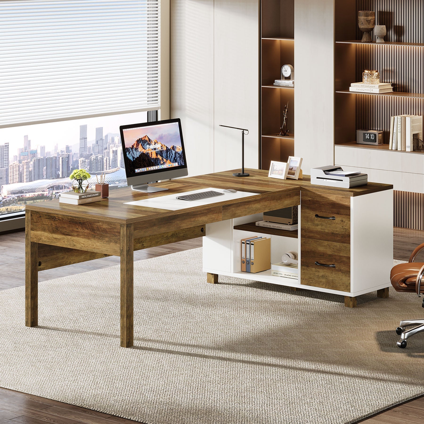 L-Shaped Executive Desk, 200 cm Large Office Corner Computer Desk with File Cabinet