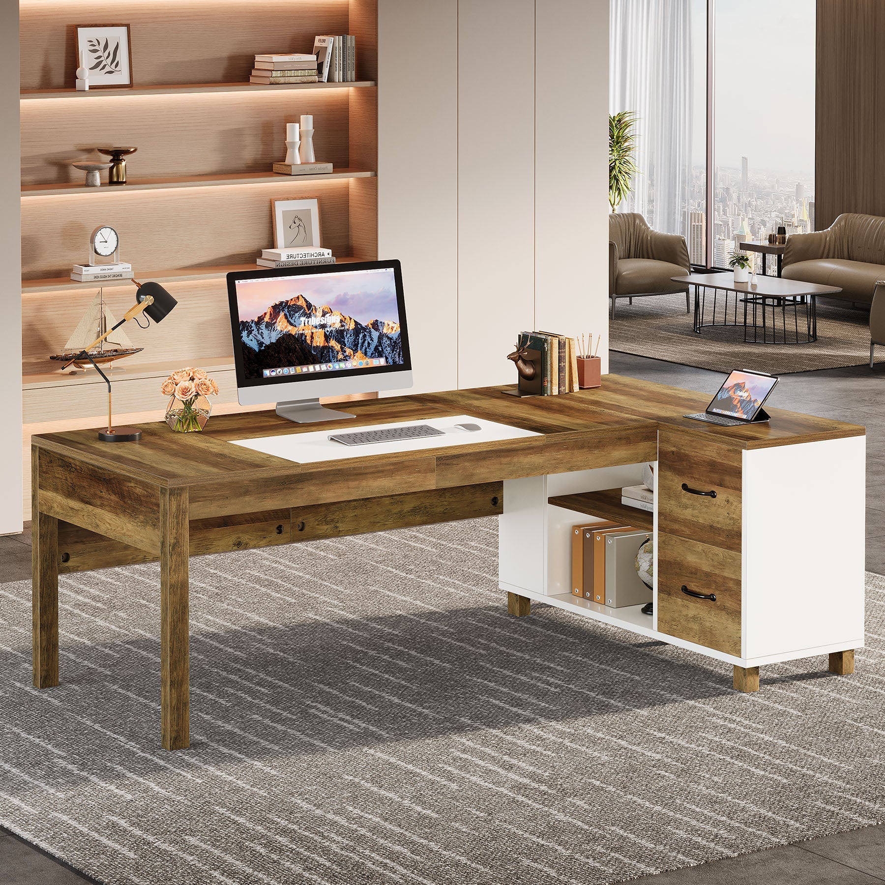 L-Shaped Executive Desk, 200 cm Large Office Corner Computer Desk with File Cabinet