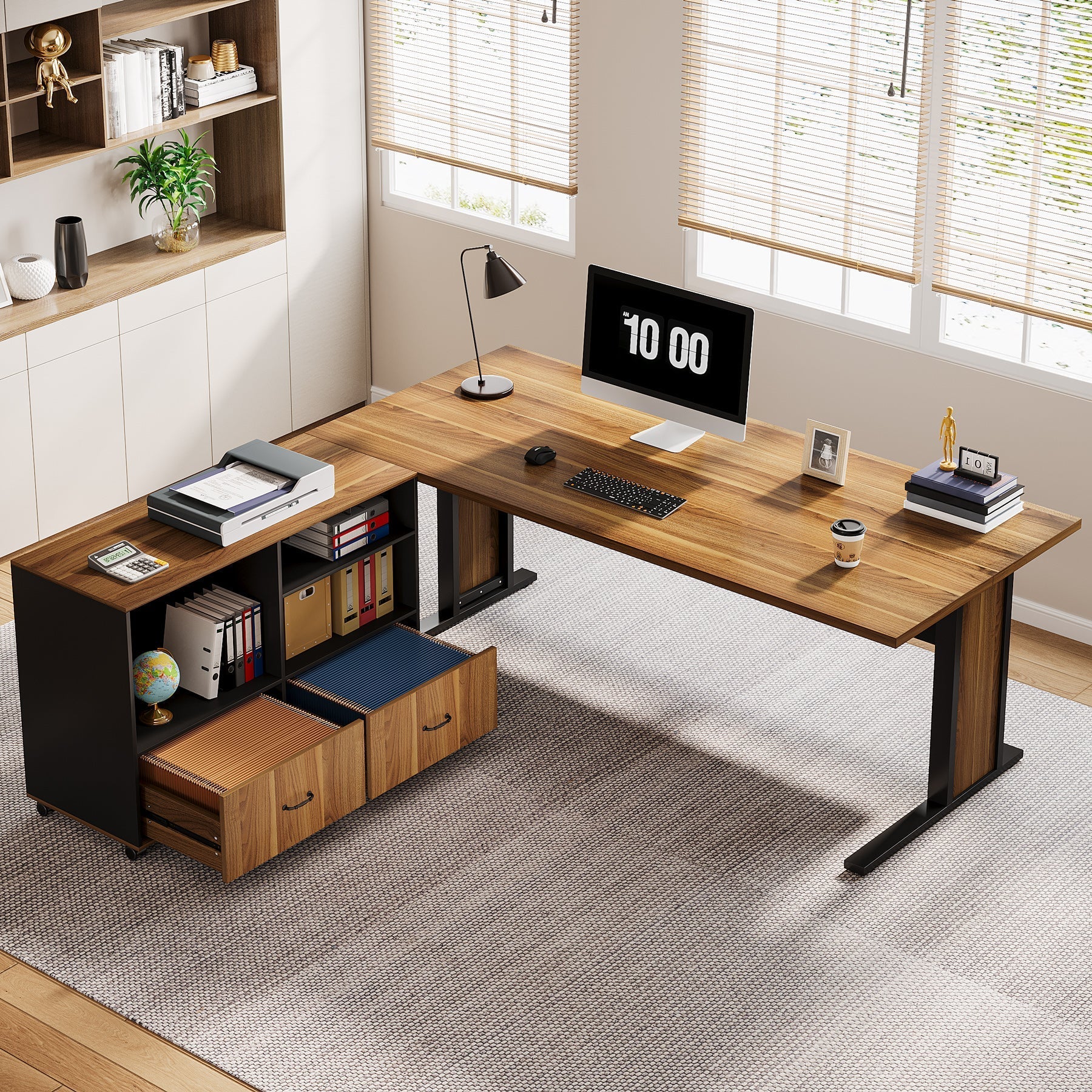 Large L-Shaped Desk, 160 cm Executive Computer Desk with Mobile File Cabinet