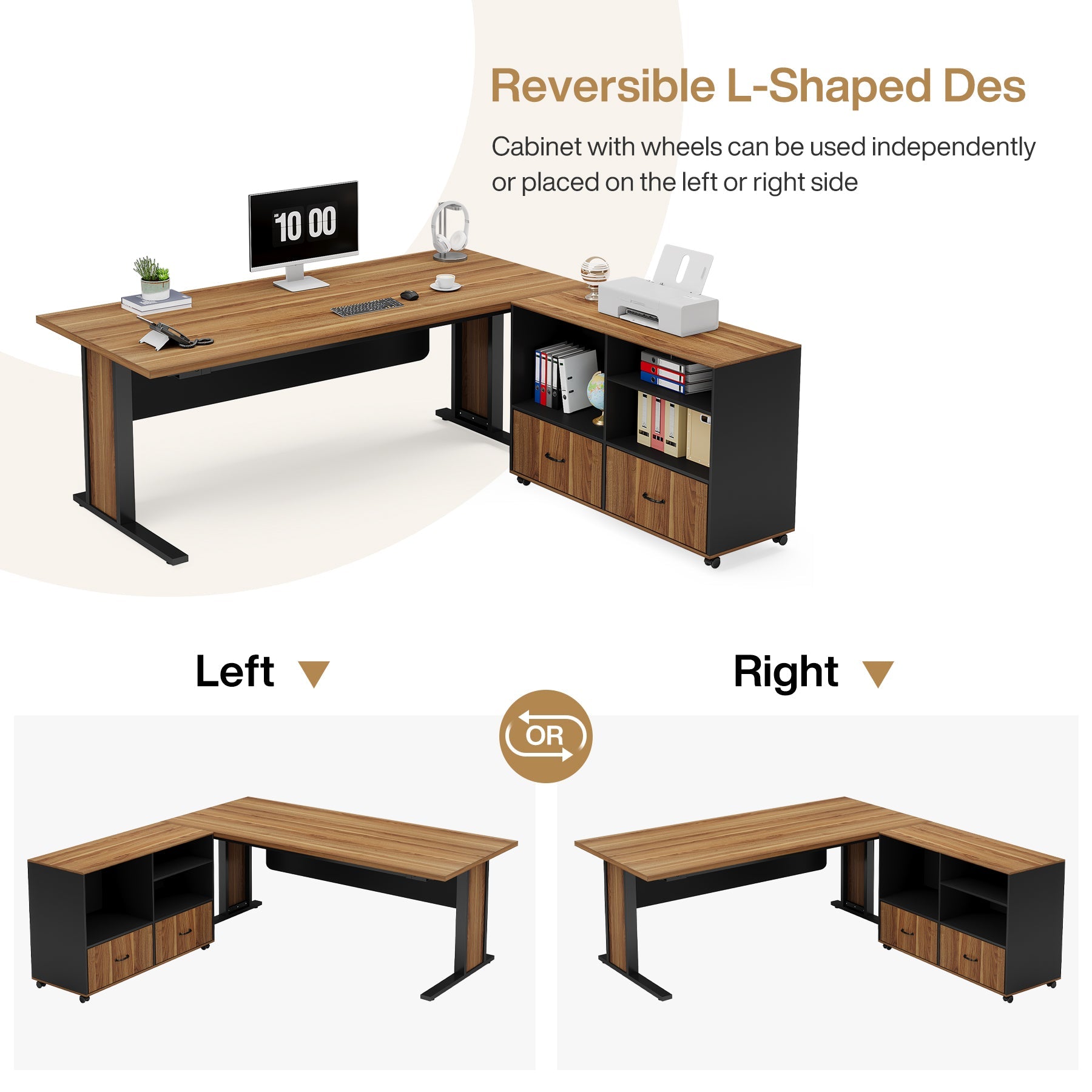 Large L-Shaped Desk, 160 cm Executive Computer Desk with Mobile File Cabinet