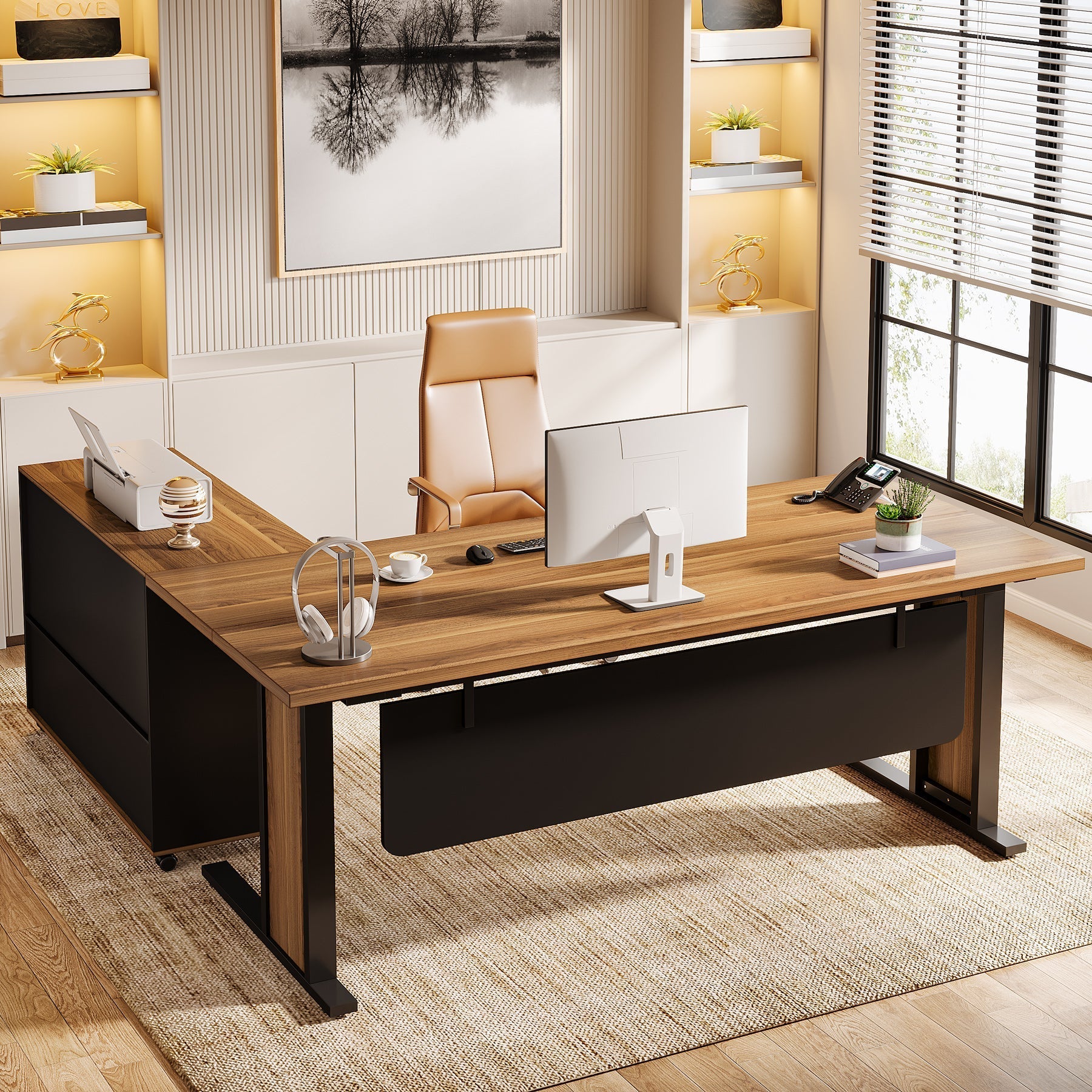 Large L-Shaped Desk, 160 cm Executive Computer Desk with Mobile File Cabinet