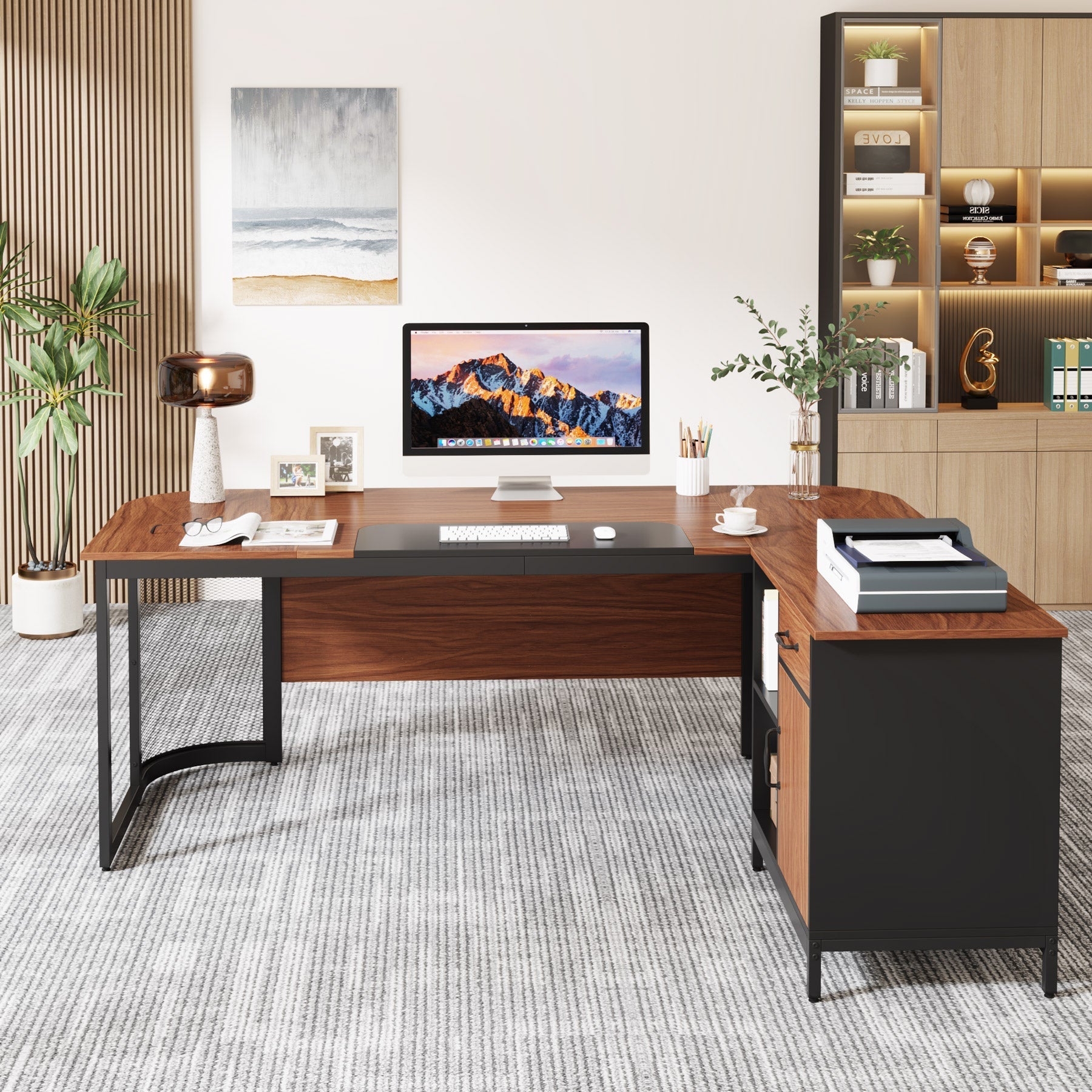 Large L-Shaped Desk, 160 cm Executive Desk with 79 cm Drawer Cabinet