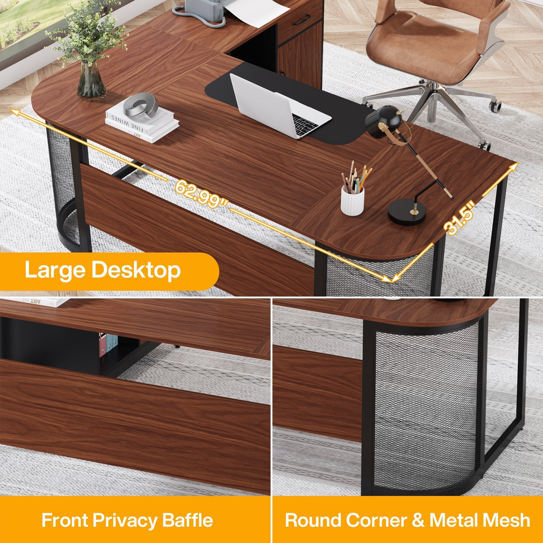 Large L-Shaped Desk, 160 cm Executive Desk with 79 cm Drawer Cabinet