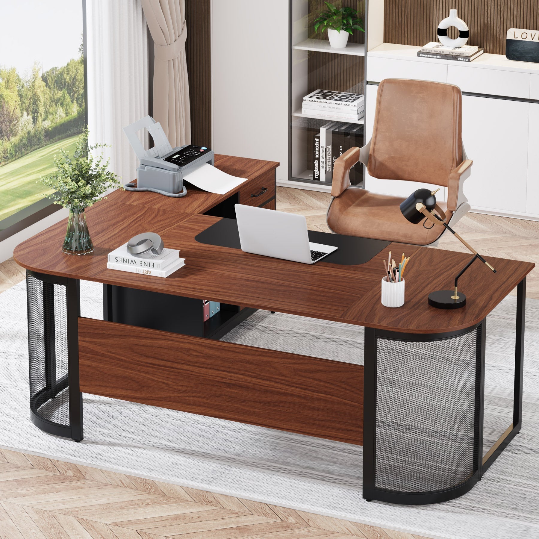 Large L-Shaped Desk, 160 cm Executive Desk with 79 cm Drawer Cabinet