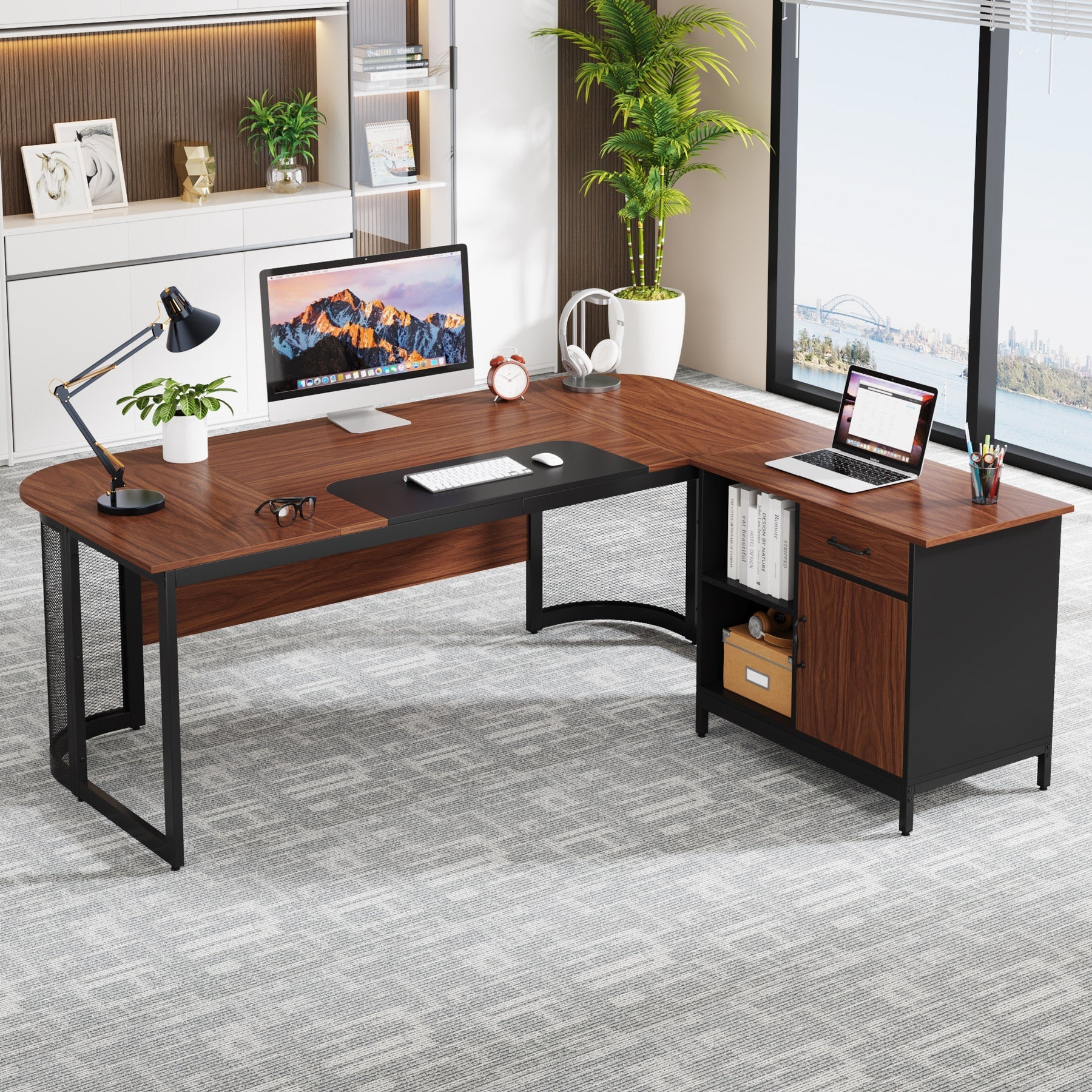 Large L-Shaped Desk, 160 cm Executive Desk with 79 cm Drawer Cabinet