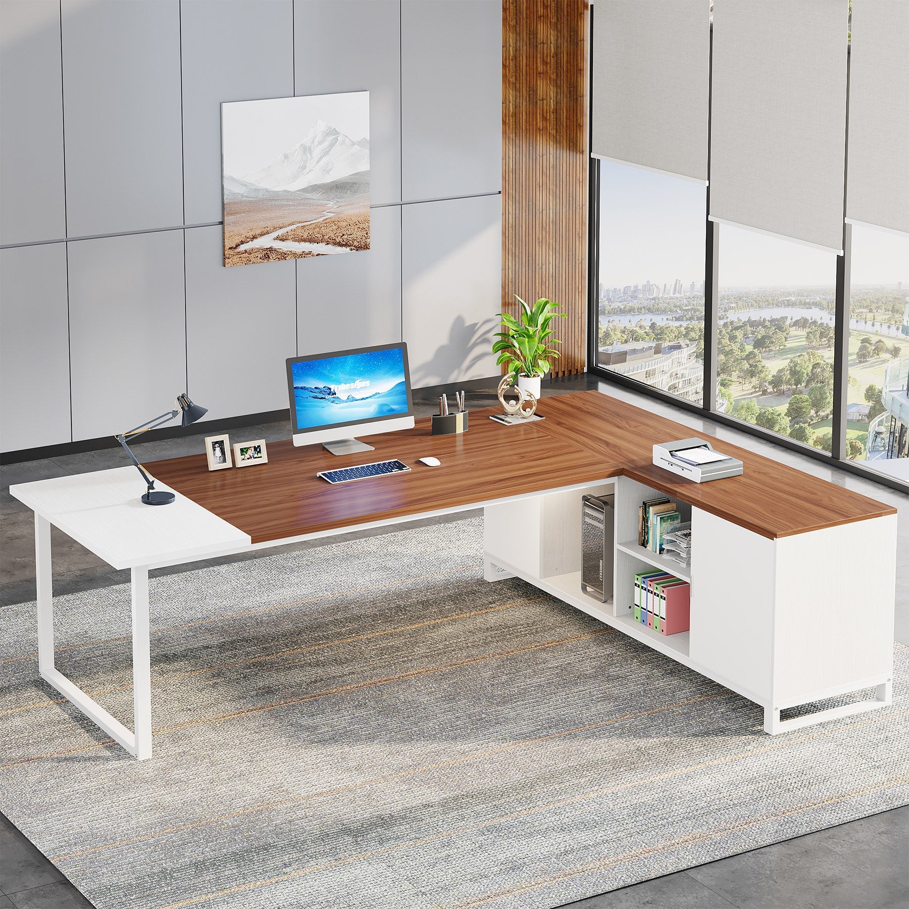 Large L-Shaped Desk, 180 cm Executive Desk with 140 cm File Cabinet