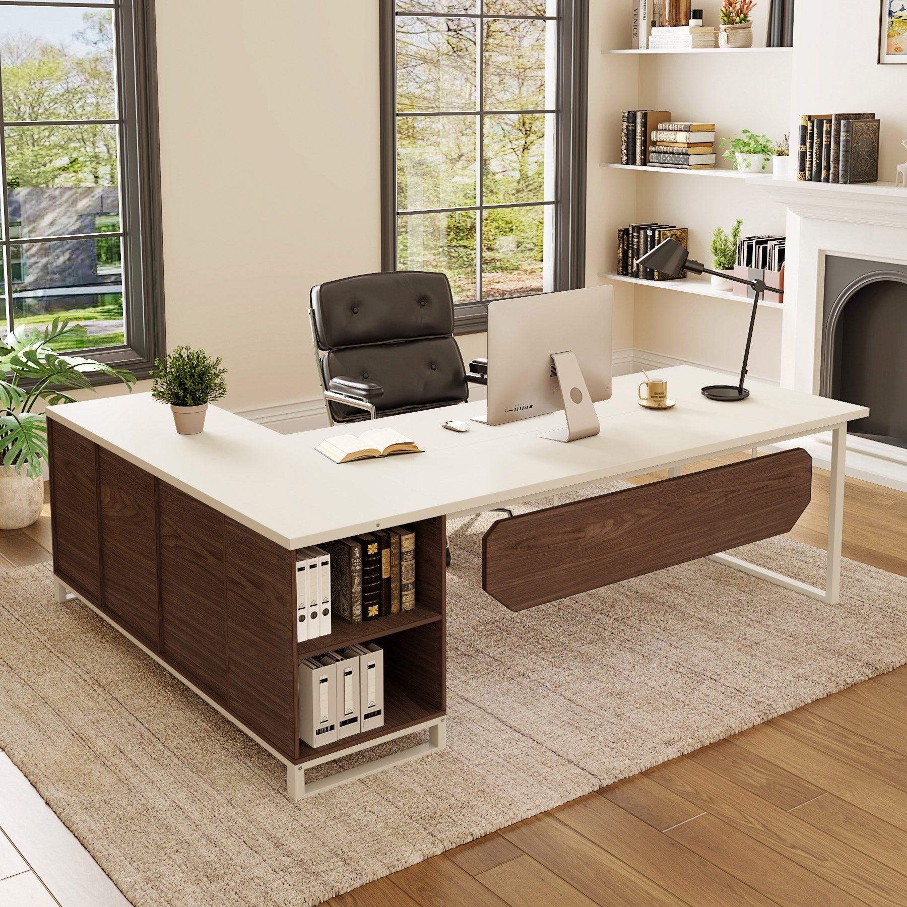 Large L-Shaped Desk, 180 cm Executive Desk with 140 cm File Cabinet