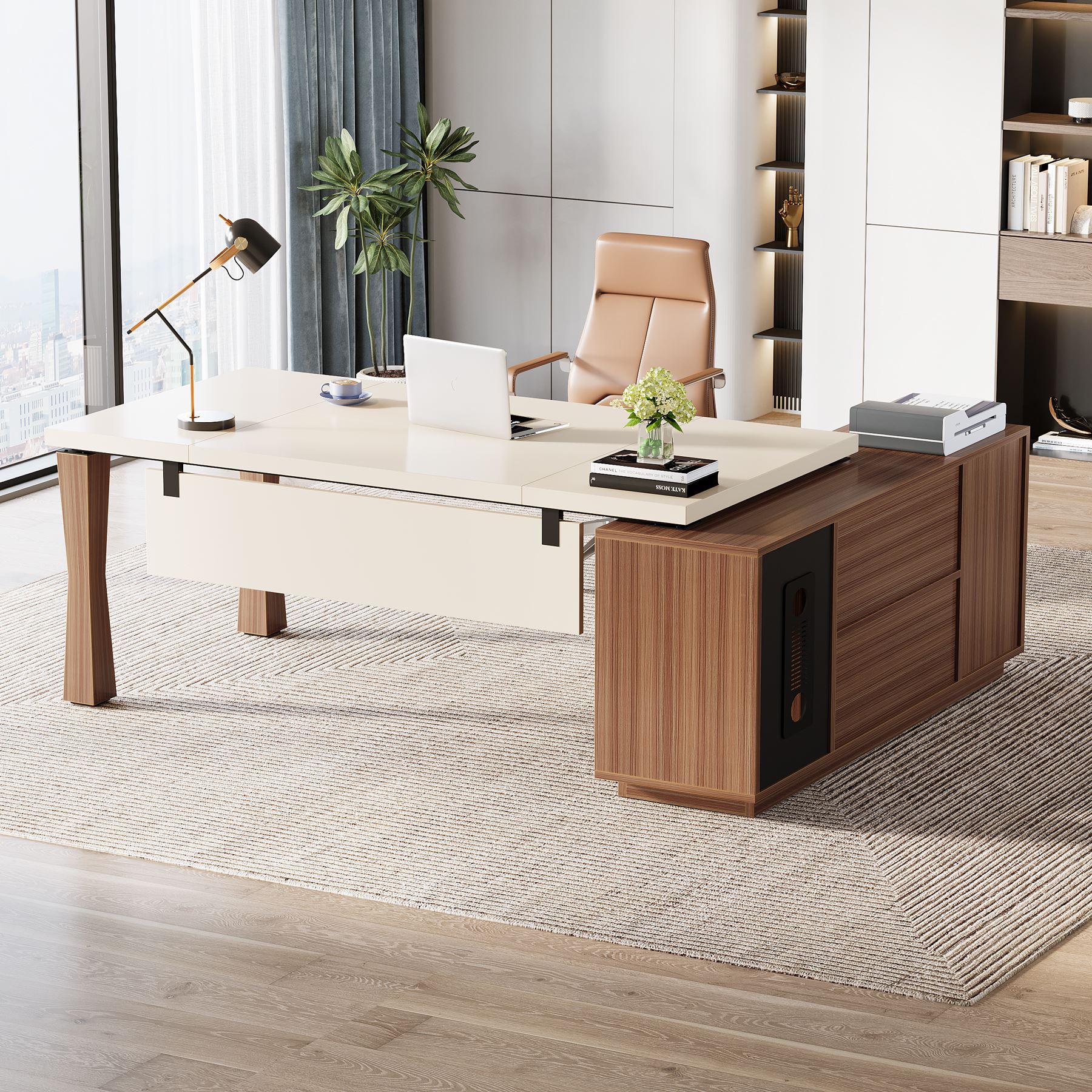 Large L-Shaped Desk, 180 cm Executive Desk Computer Table with Cabinet