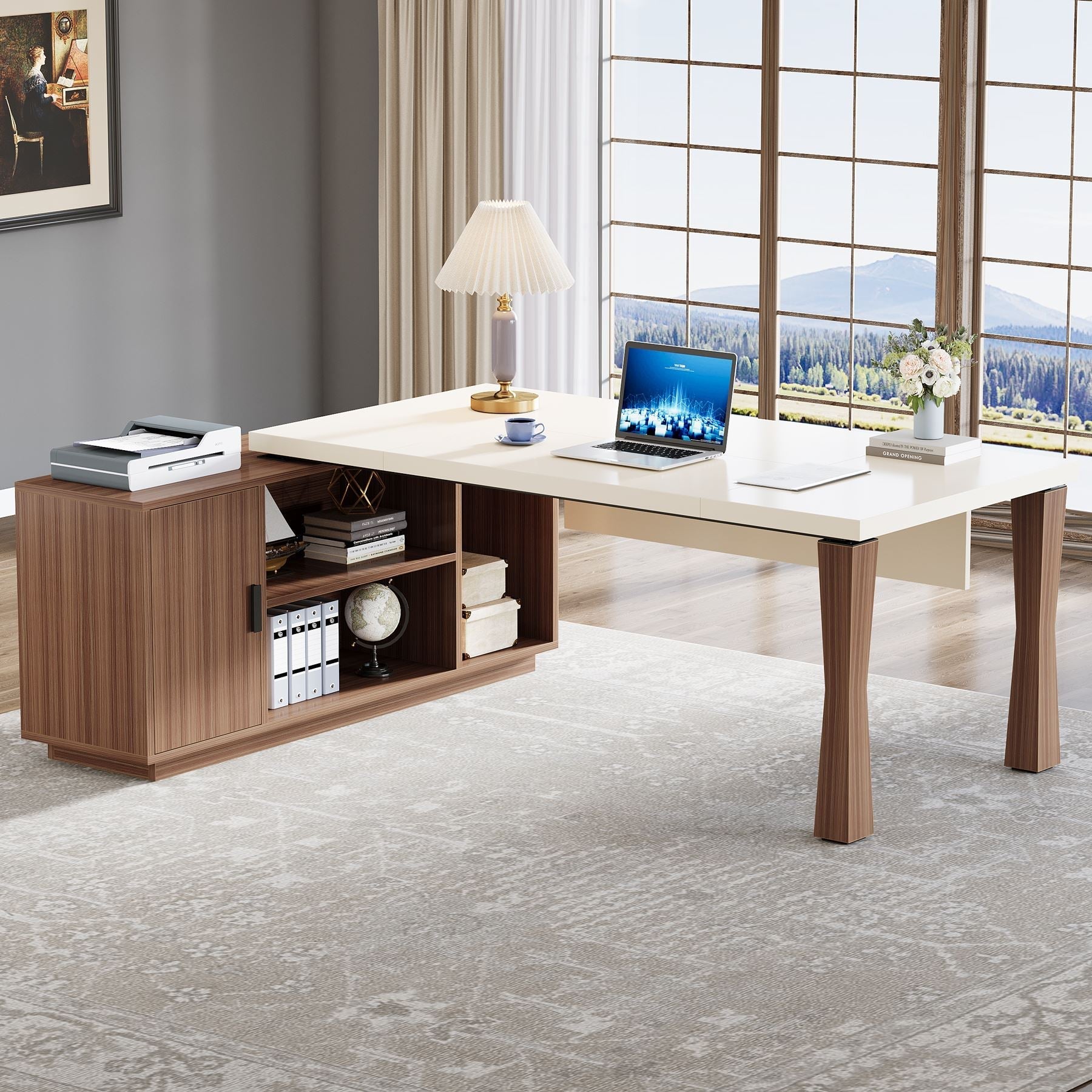 Large L-Shaped Desk, 180 cm Executive Desk Computer Table with Cabinet