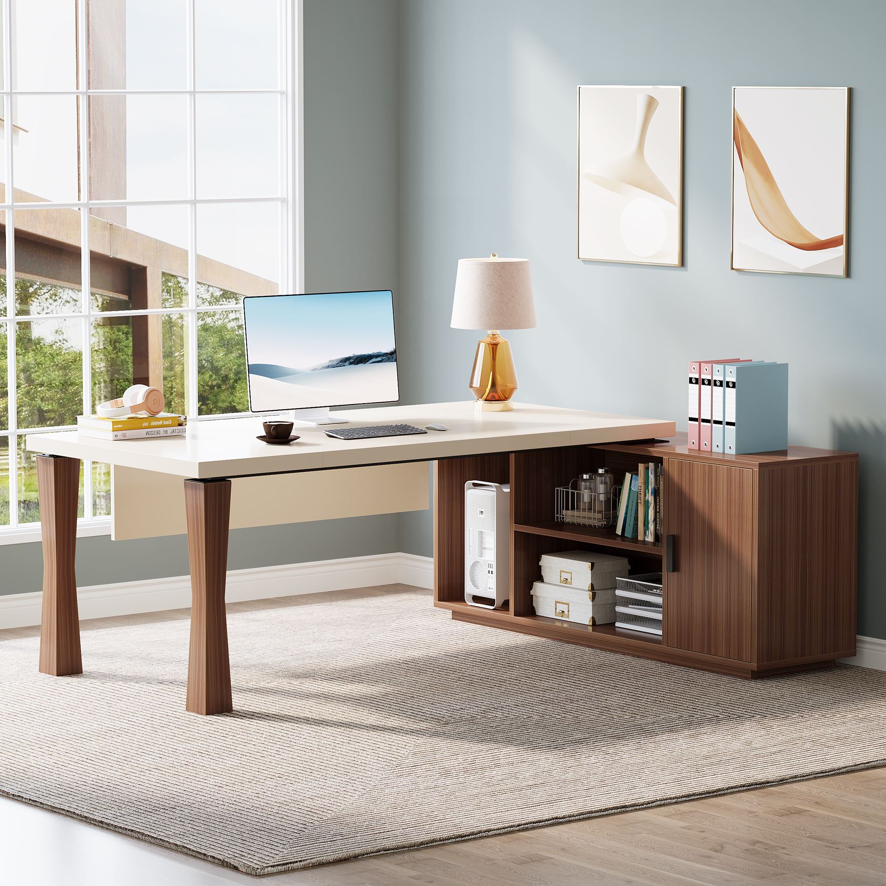 Large L-Shaped Desk, 180 cm Executive Desk Computer Table with Cabinet