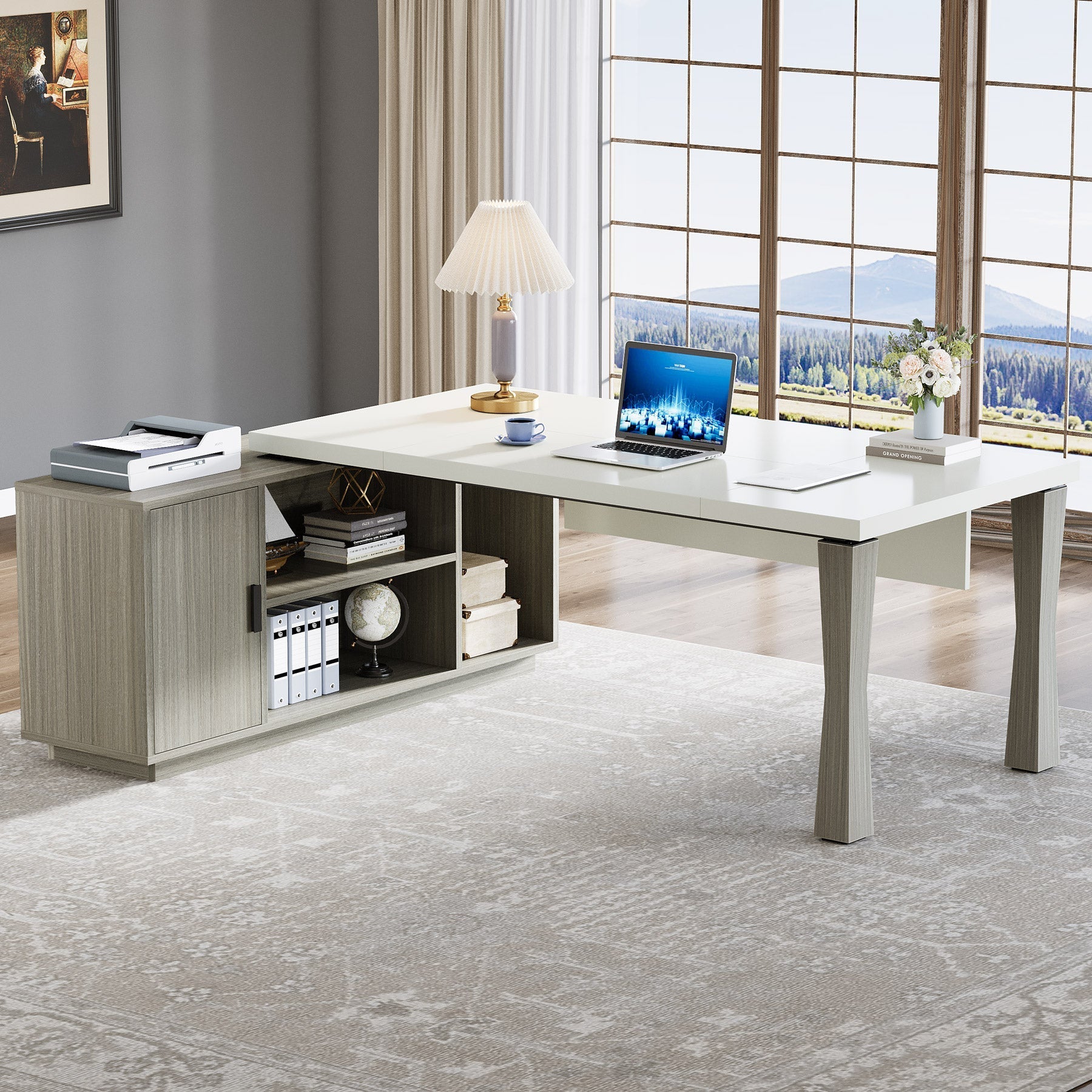 Large L-Shaped Desk, 180 cm Executive Desk Computer Table with Cabinet