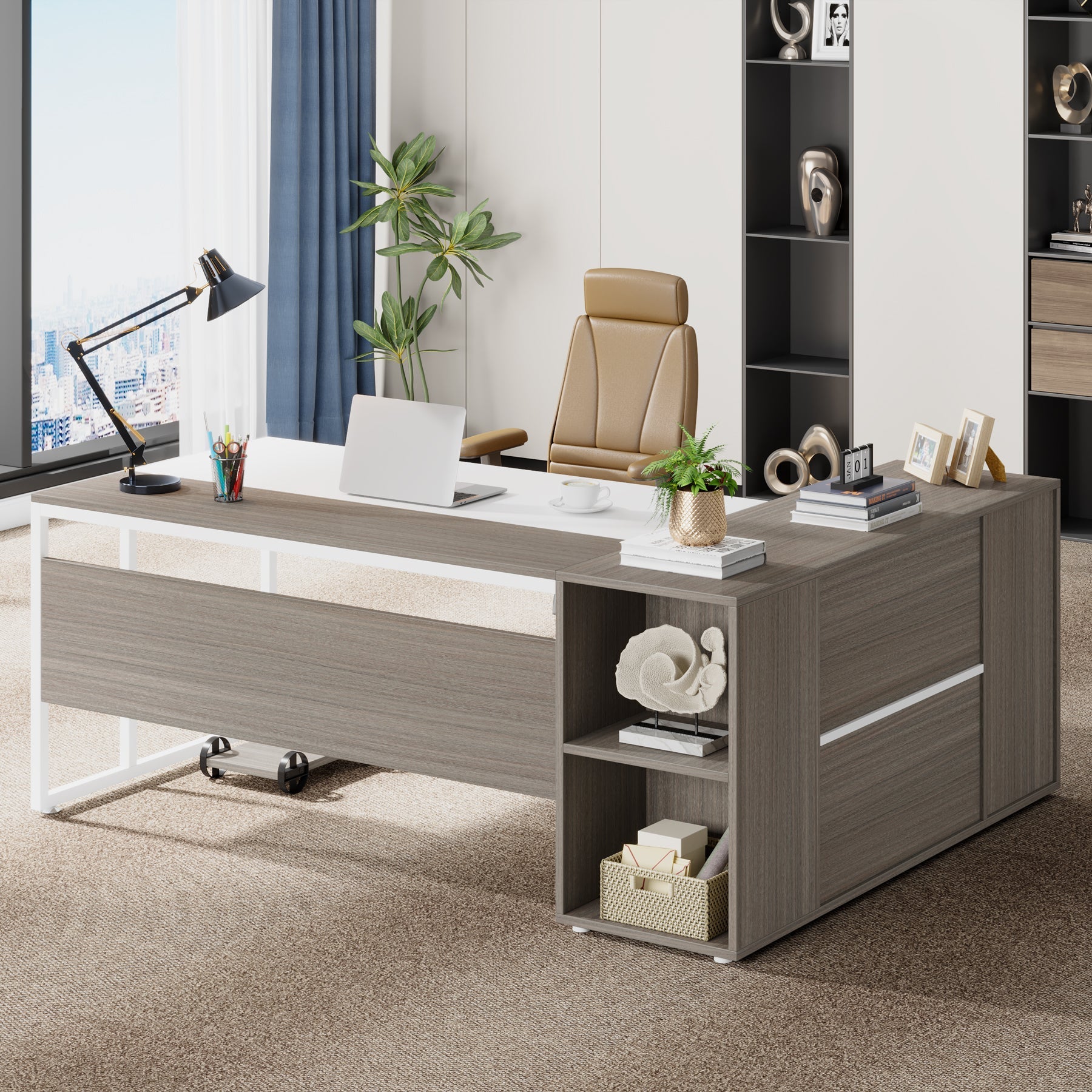 Large L-Shaped Desk, 180 cm Executive Desk with Shelves & Cabinet